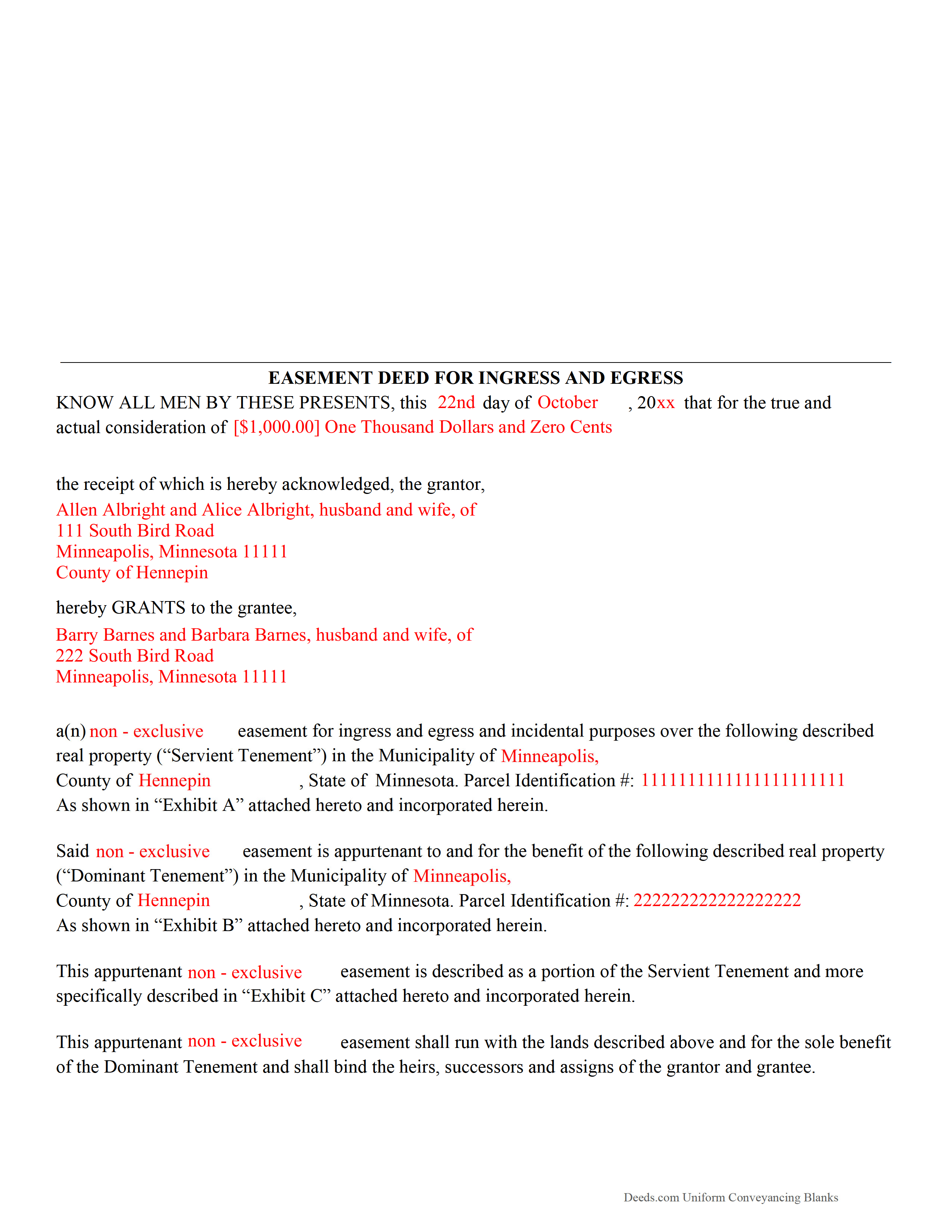 Olmsted County Completed Example of the Easement Deed Document