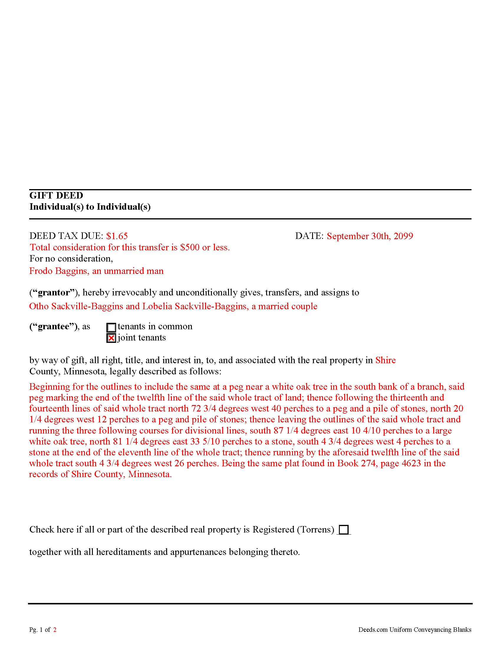 Clearwater County Completed Example of the Gift Deed Document