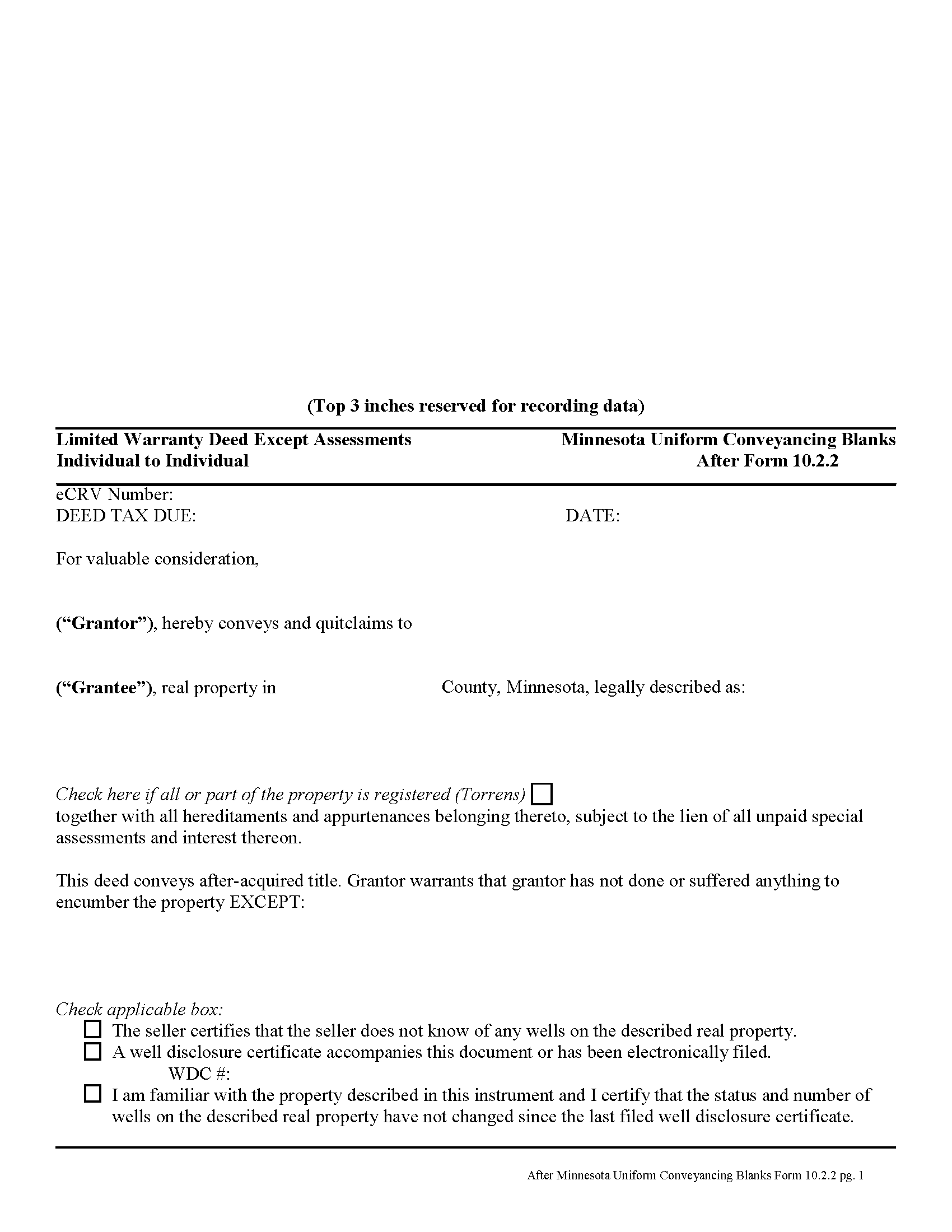 Limited Warranty Deed Excluding Assessment Form