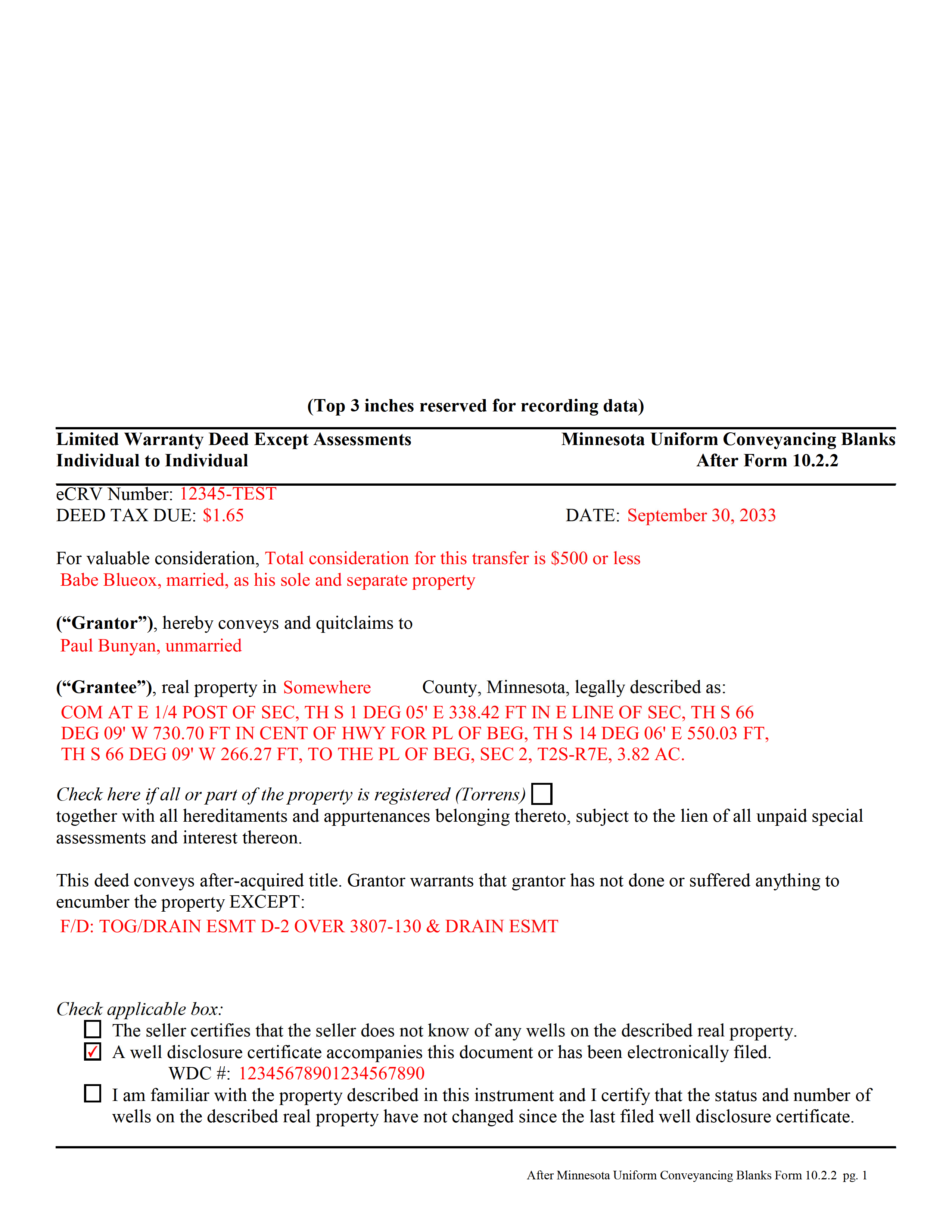 Completed Example of the Limited Warranty Deed Excluding Assessment Form