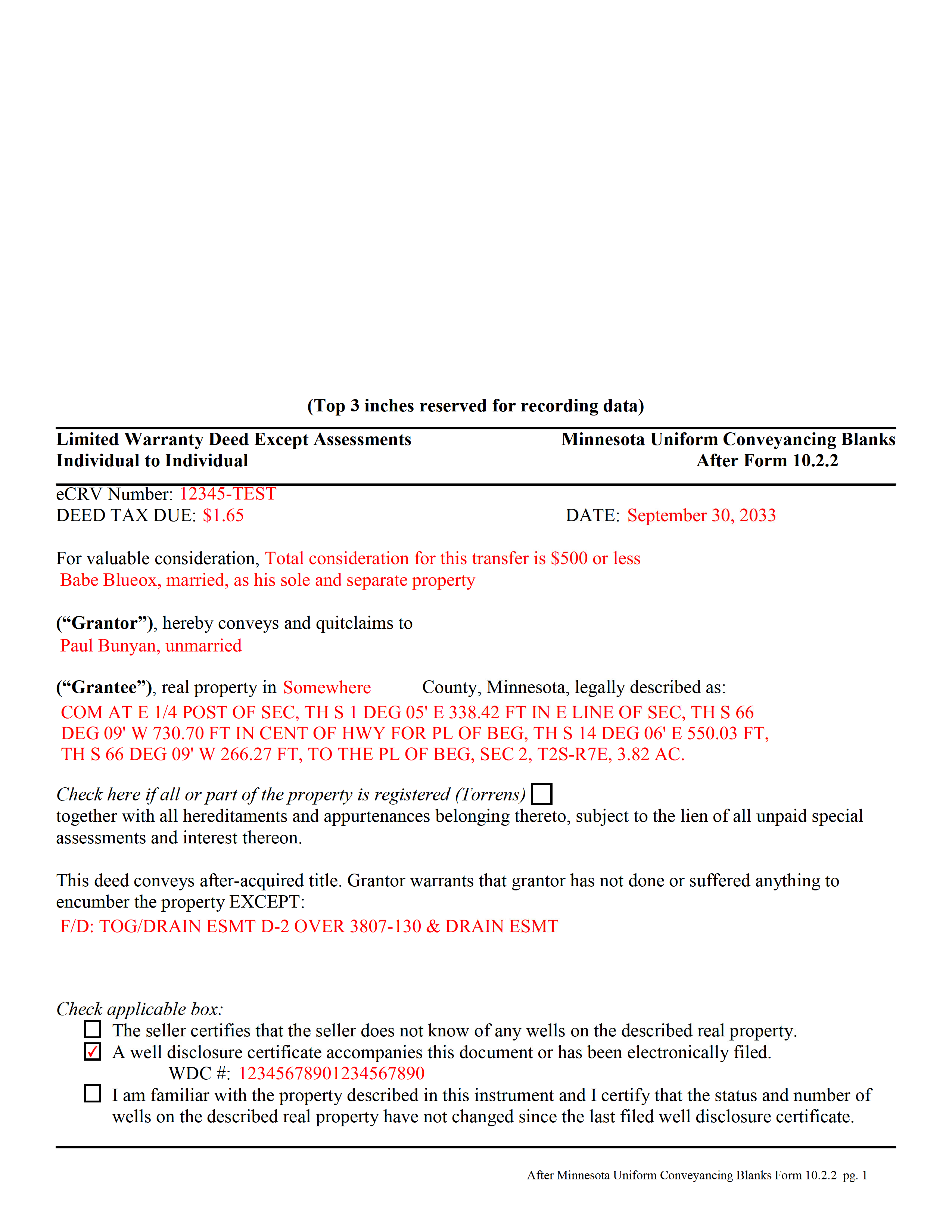 Douglas County Completed Example of the Limited Warranty Deed Excluding Assessment Form