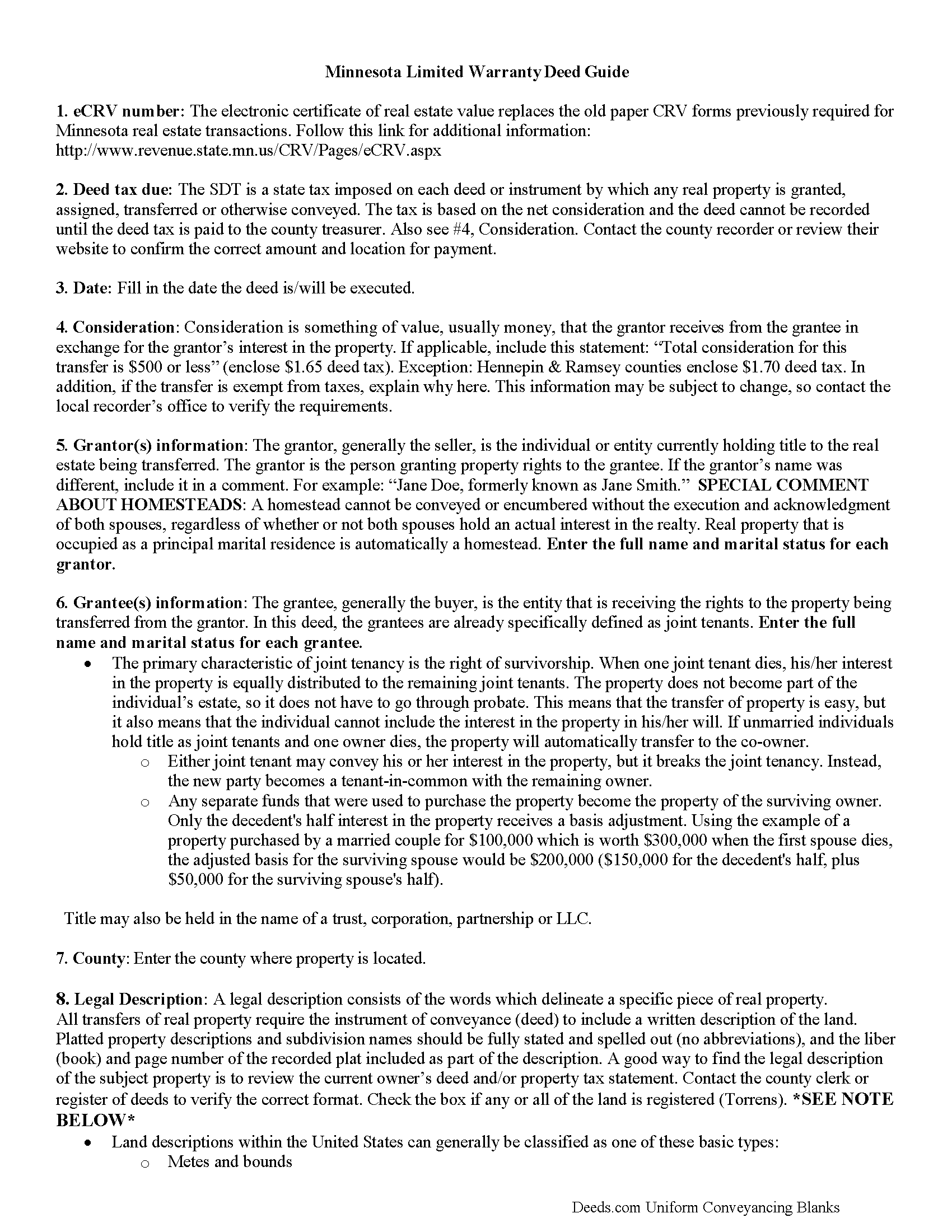 Chisago County Limited Warranty Deed from Individual to Joint Tenant Excluding Assessment Guide