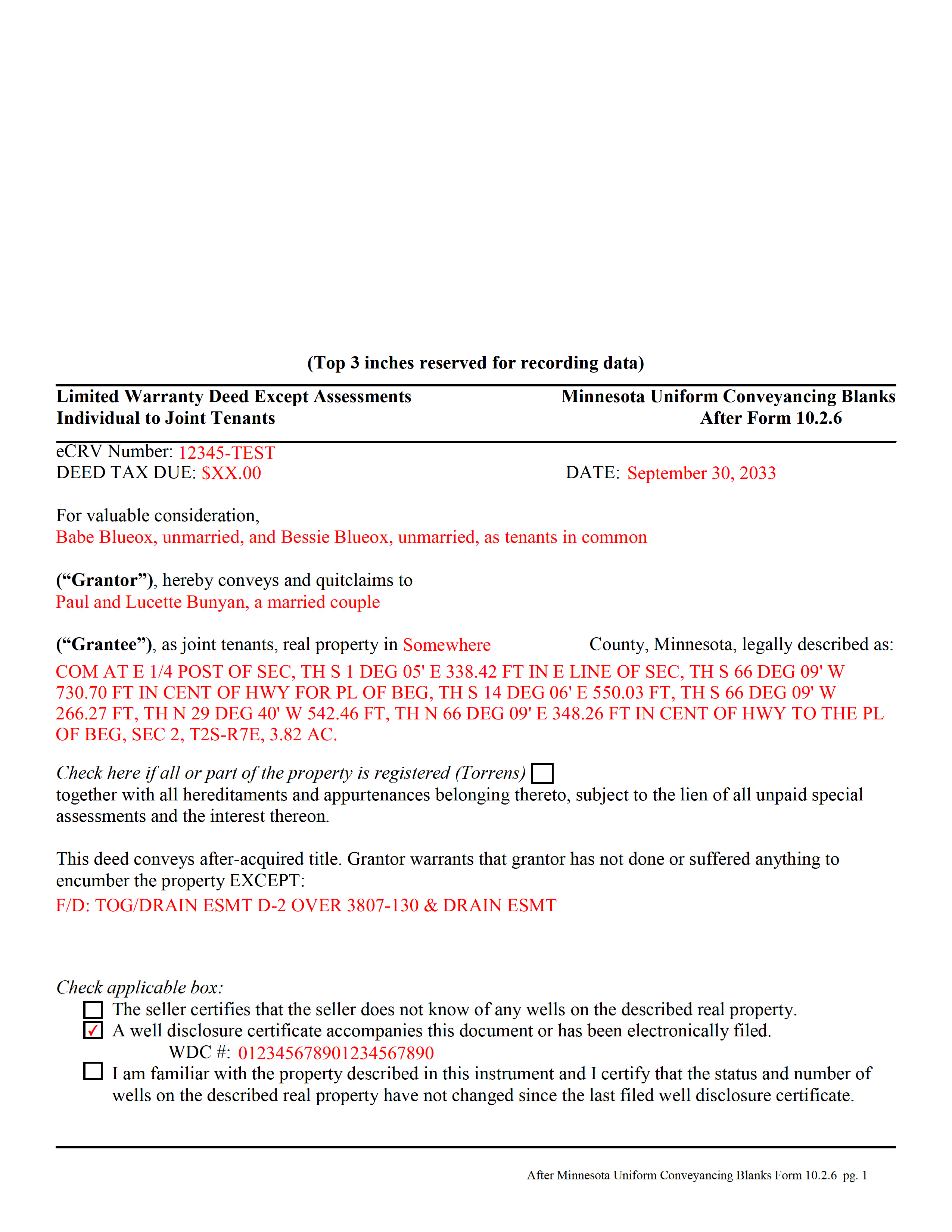 Chisago County Completed Example of the Limited WD from Individual to Joint Tenant Excluding Assessment Document