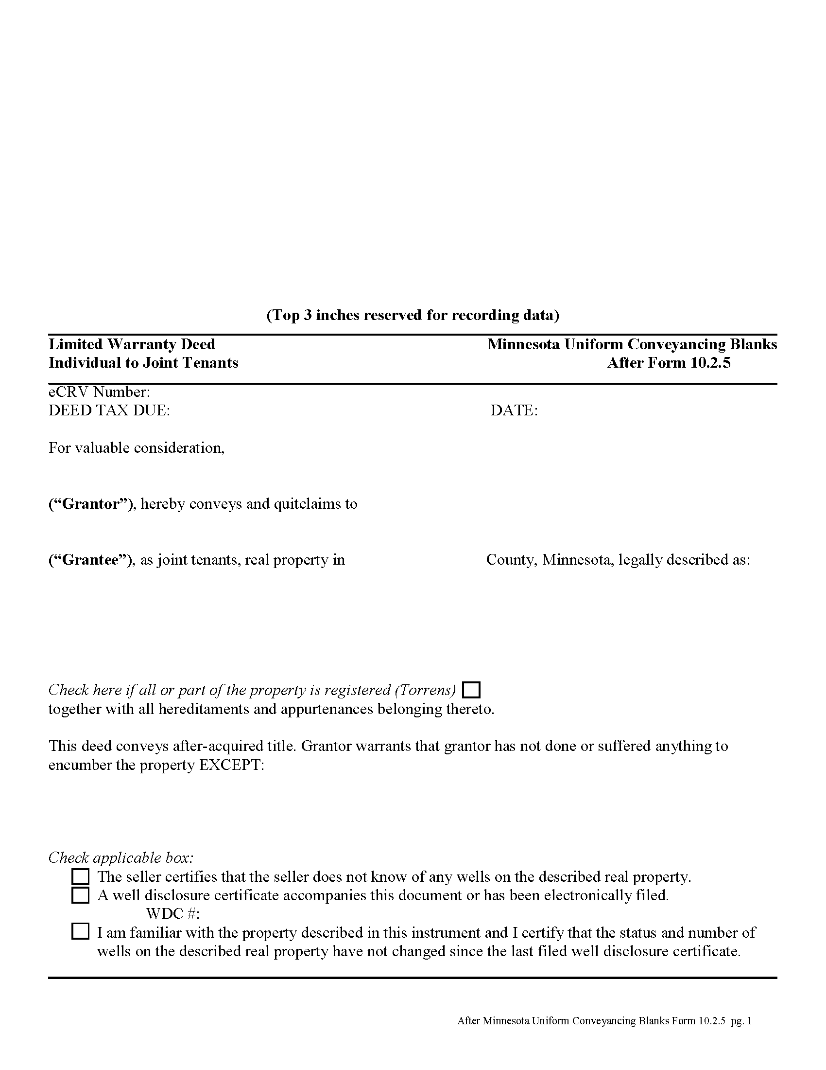 Grant County Limited Warranty Deed from Individual to Joint Tenant Form