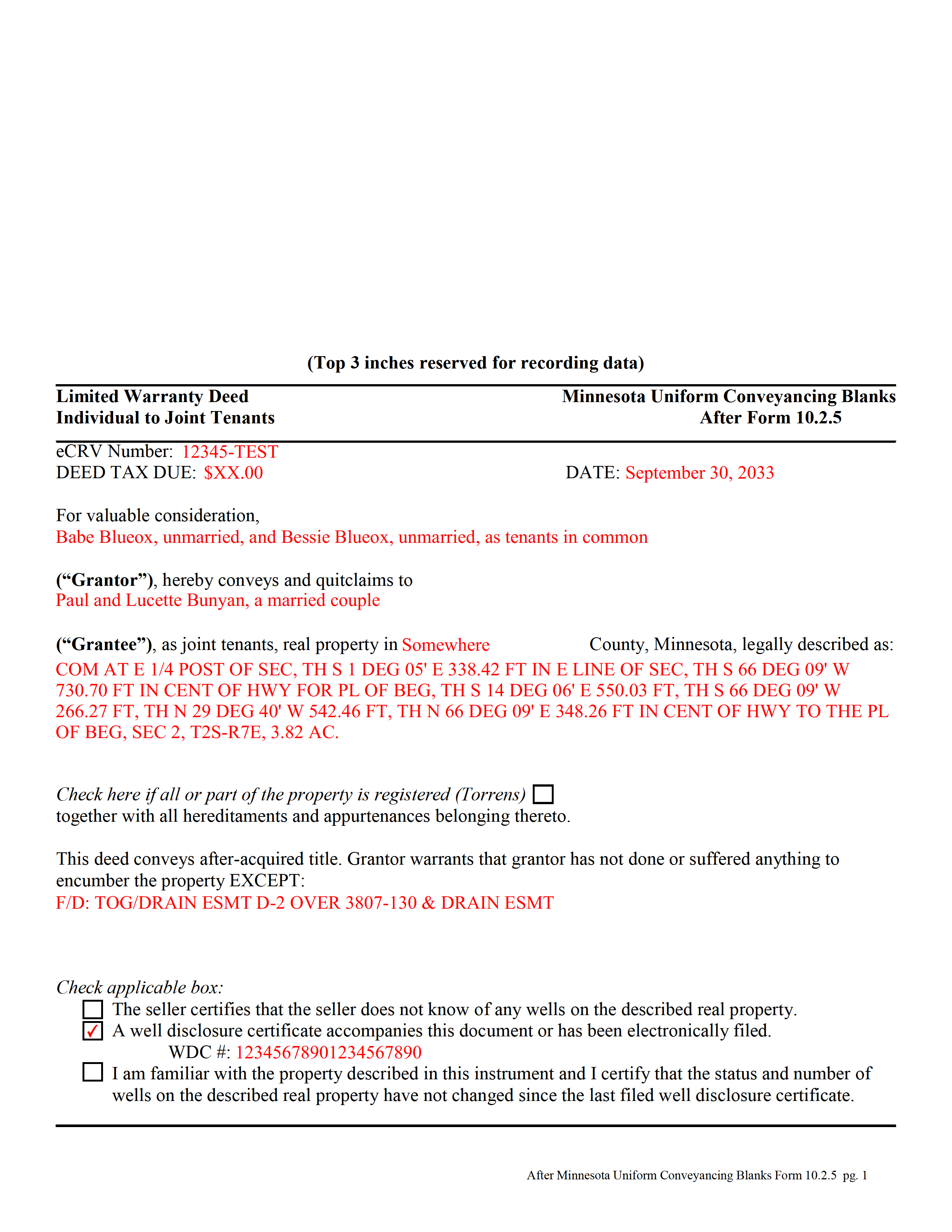 Completed Example of the Limited Warranty Deed from Individual to Joint Tenant Document