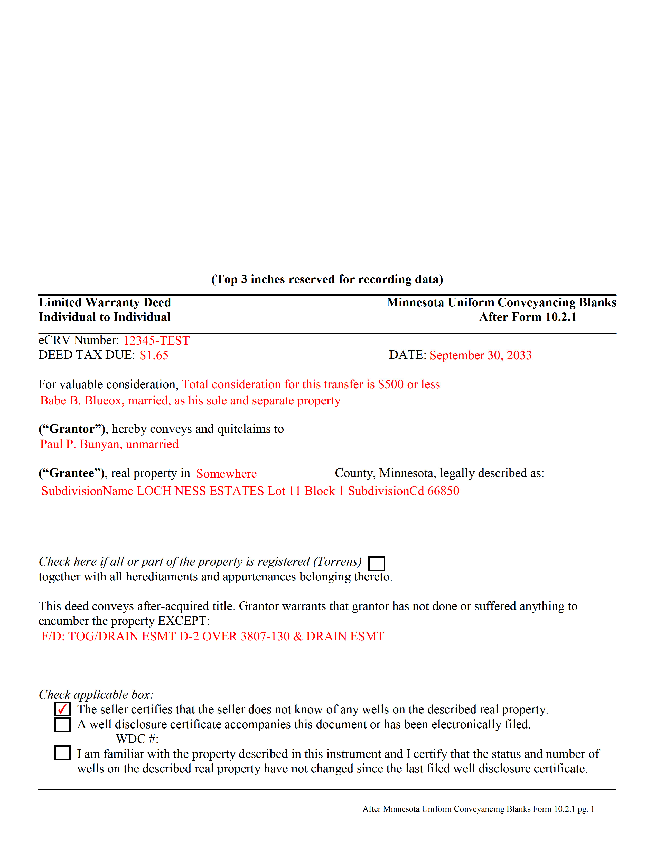 Watonwan County Completed Example of the Limited Warranty Deed Document