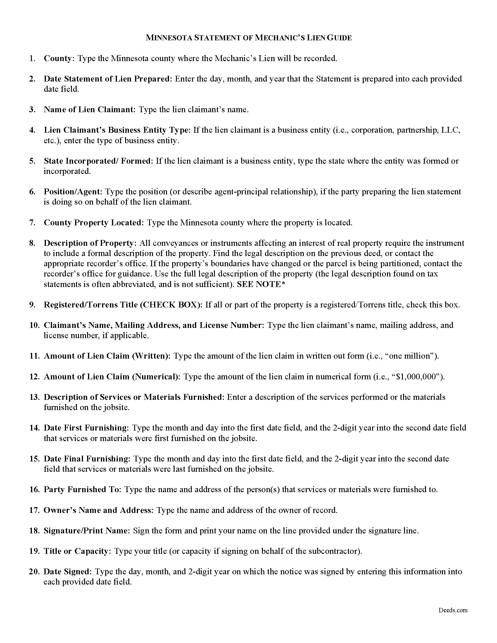 Brown County Mechanic Statement of Lien Guide