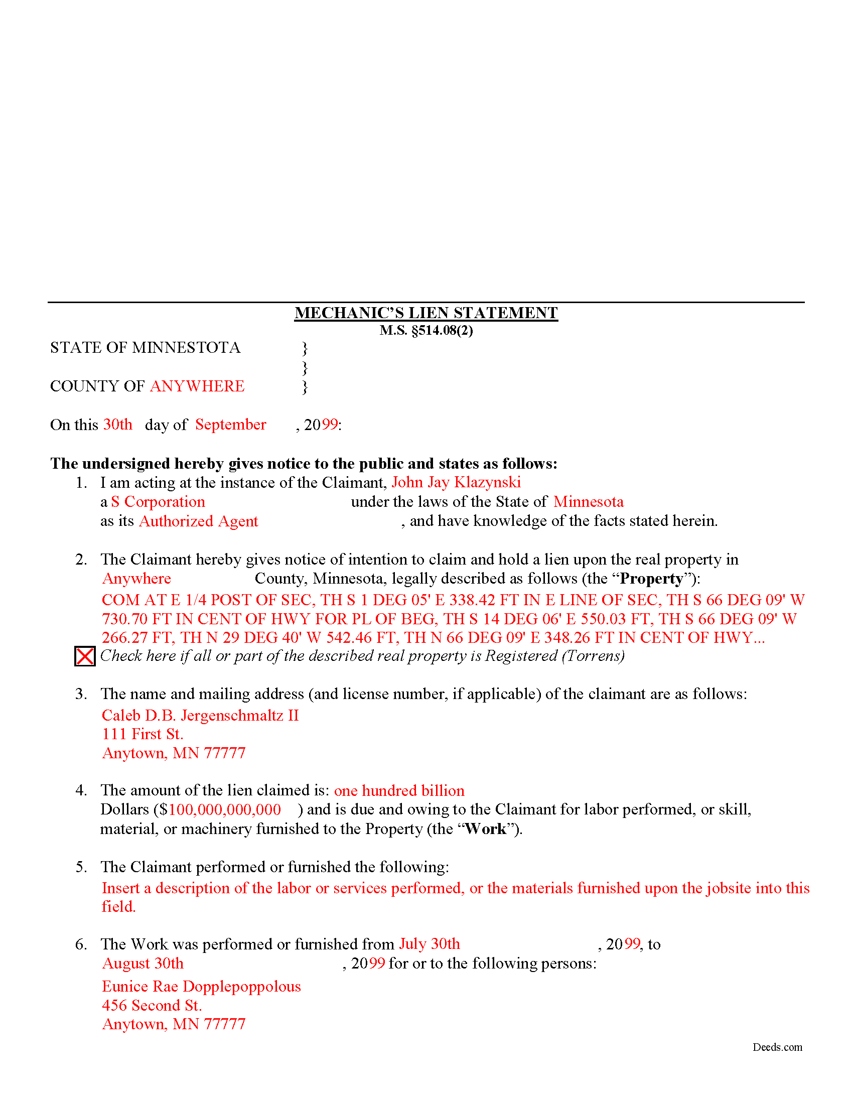 Brown County Completed Example of the Mechanic Statement of Lien Document