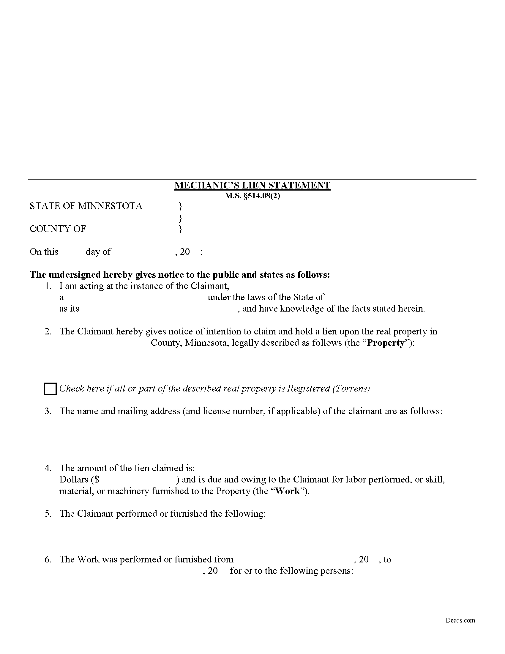 Brown County Mechanics Statement of Lien Form