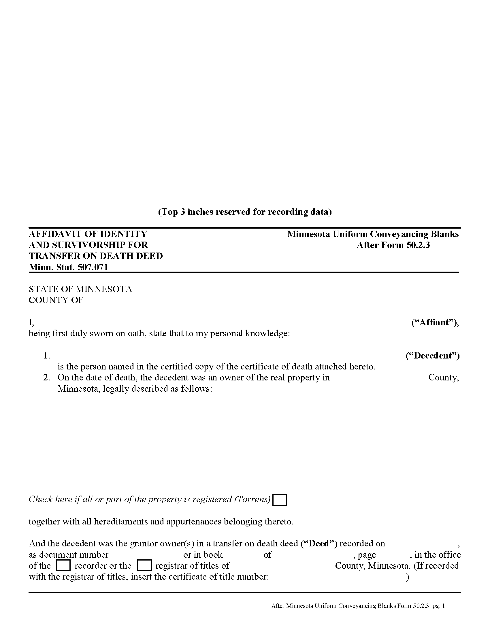 Minnesota Affidavit of Identity and Survivorship for Transfer on Death Deeds Image