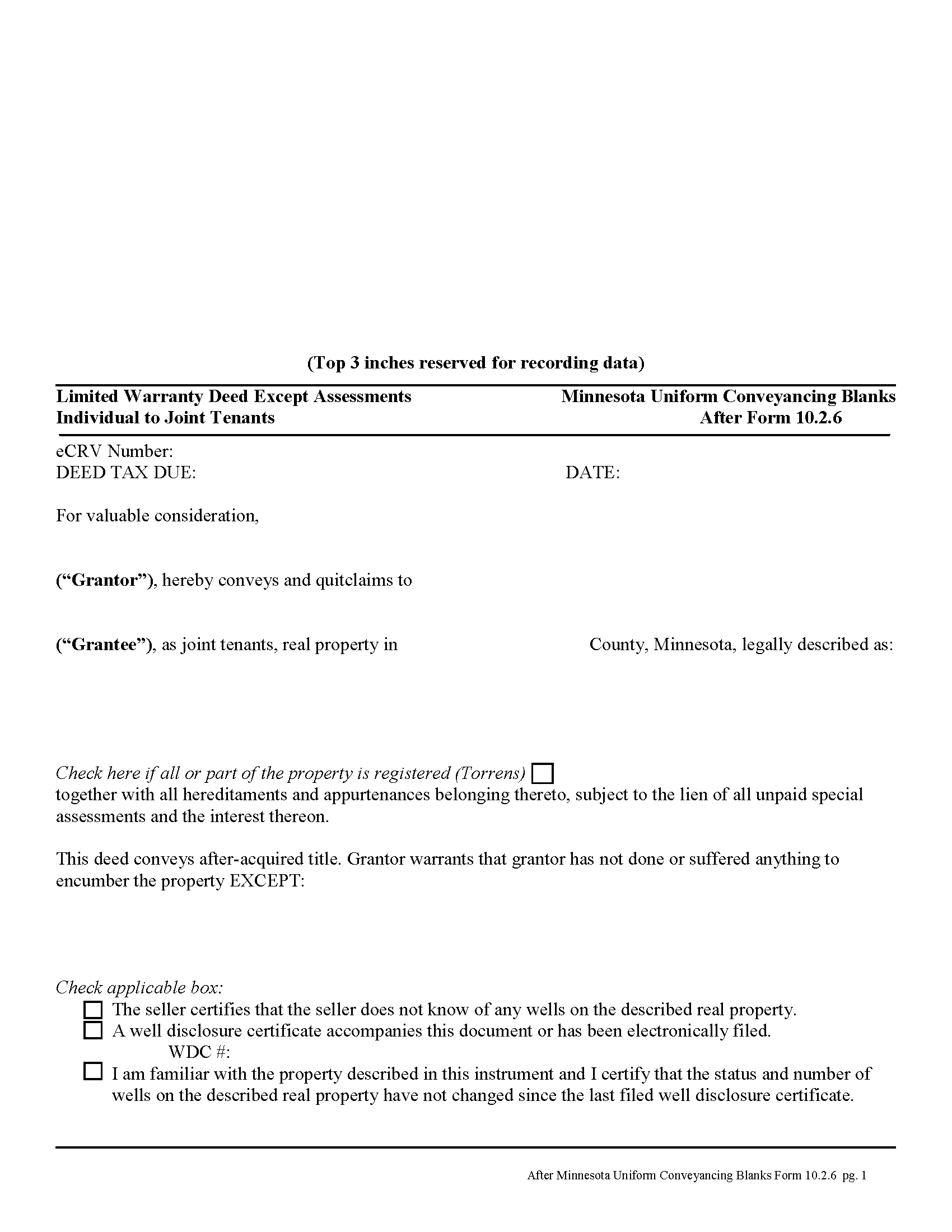 Limited Warranty Deed from Individual to Joint Tenant Excluding Assessment