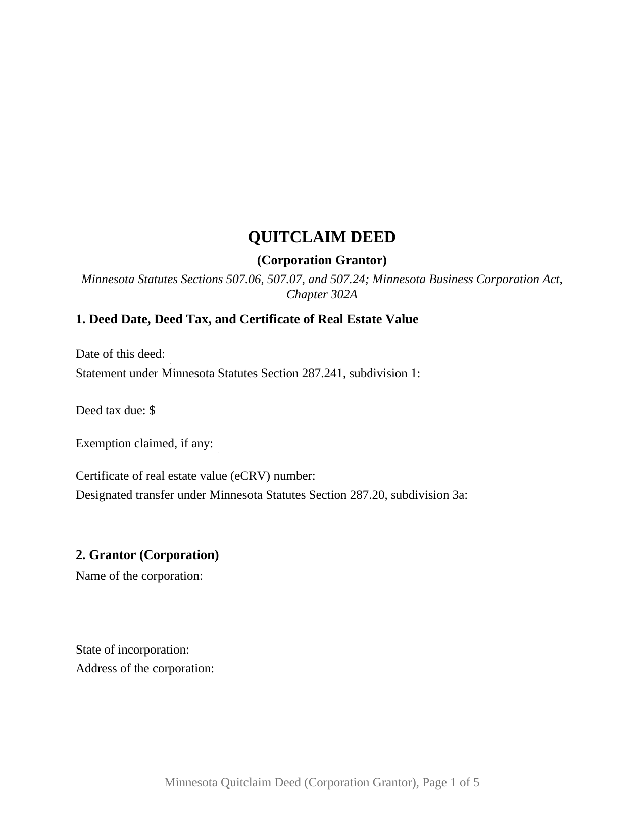 Minnesota Quitclaim Deed (Corporation Grantor)