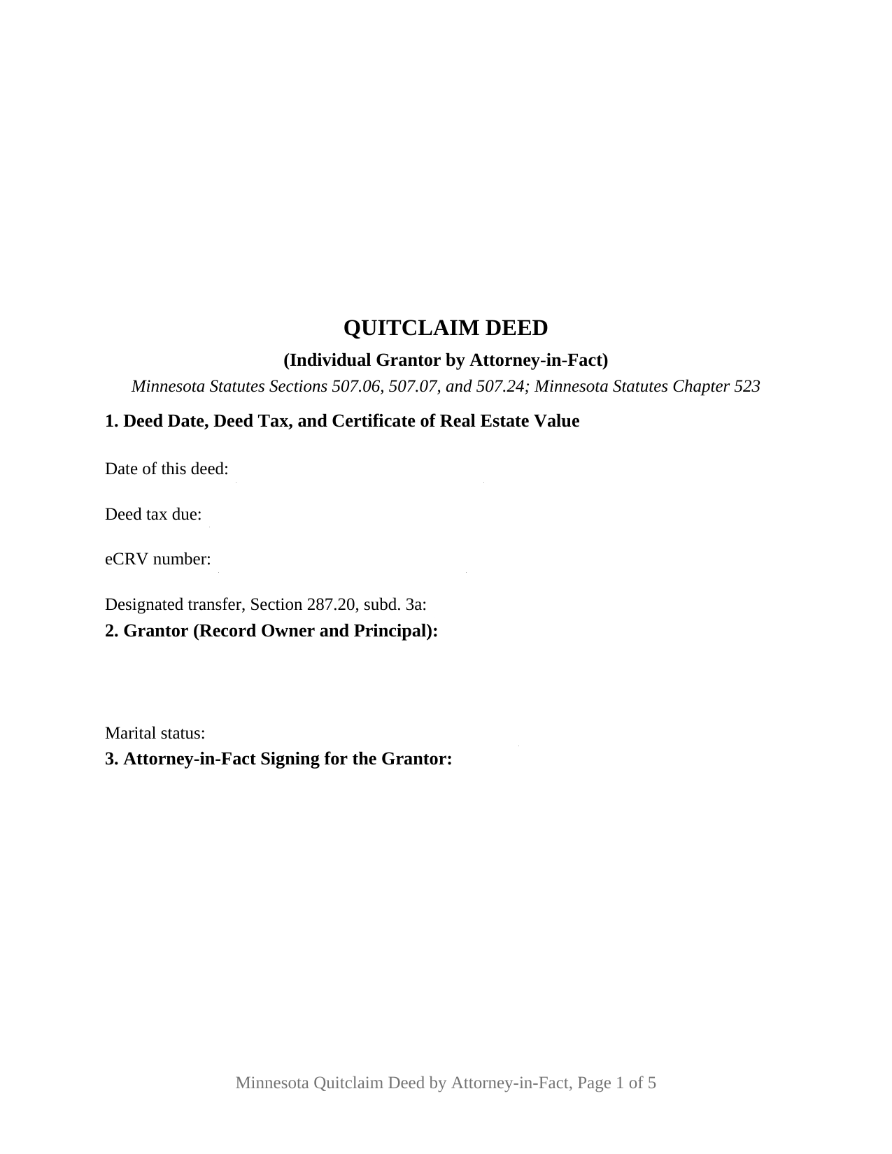 Minnesota Quitclaim Deed (Individual Grantor by Attorney-in-Fact)