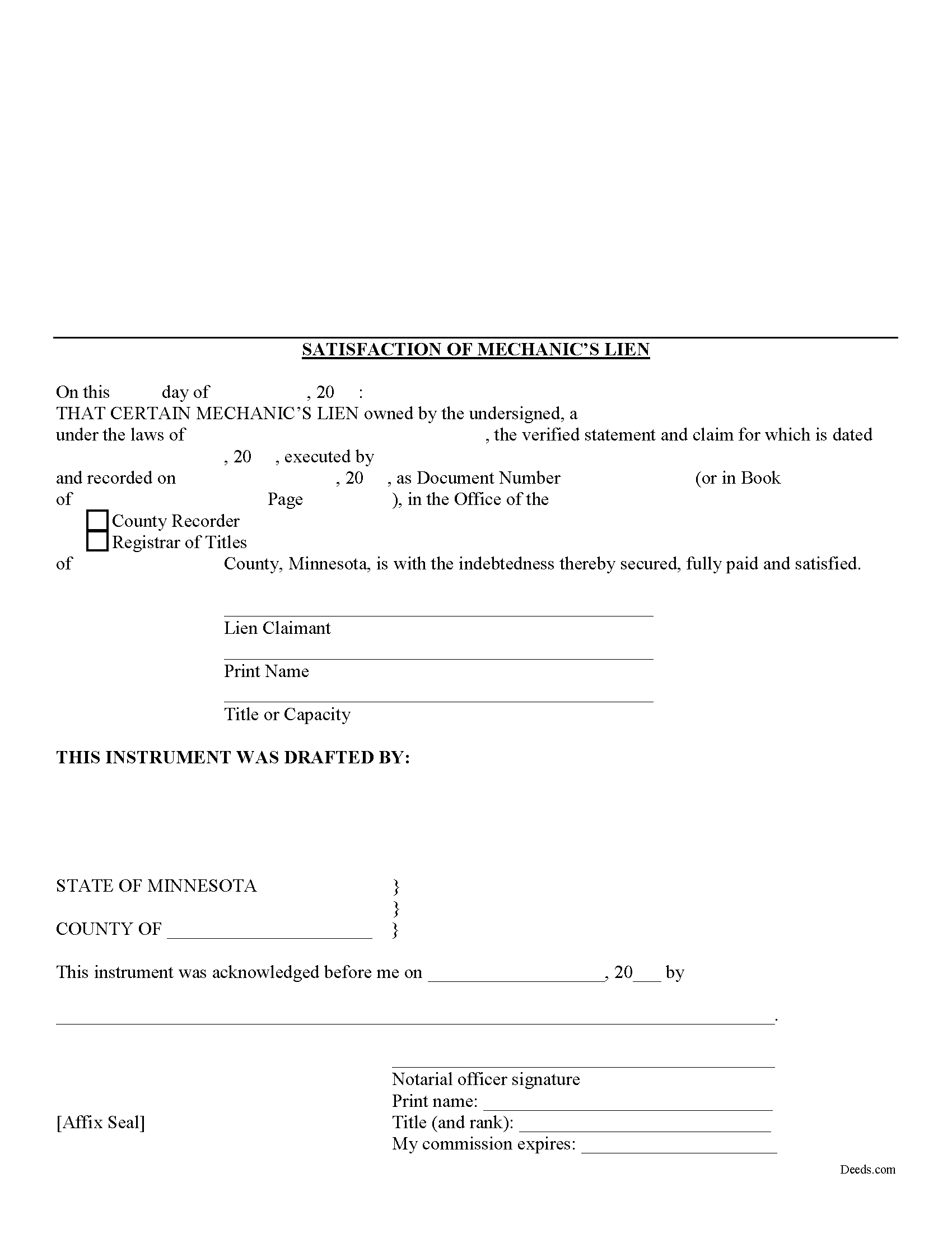 Minnesota Satisfaction of Mechanic Lien Image
