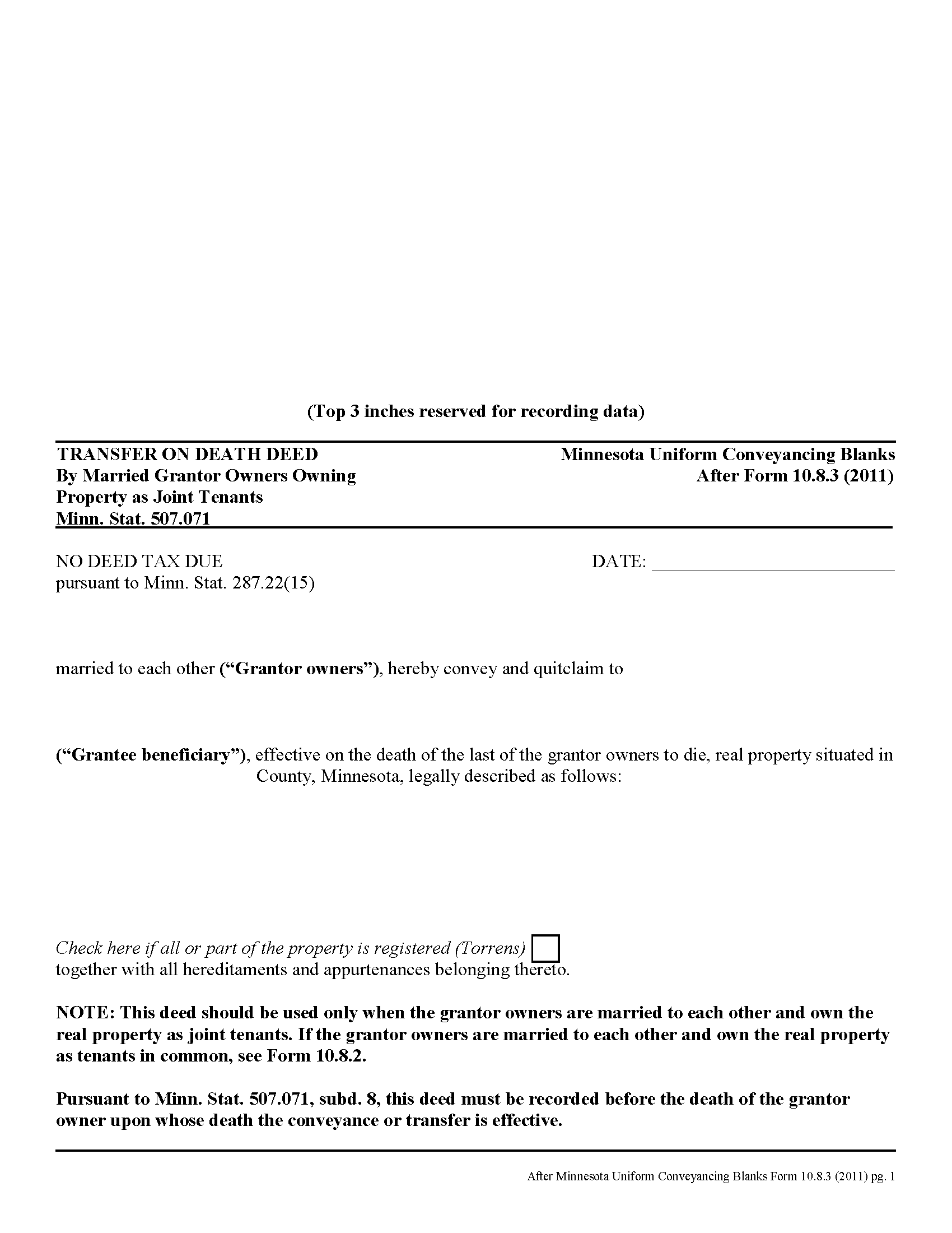 Minnesota Transfer on Death Deed by Married Joint Tenants Image