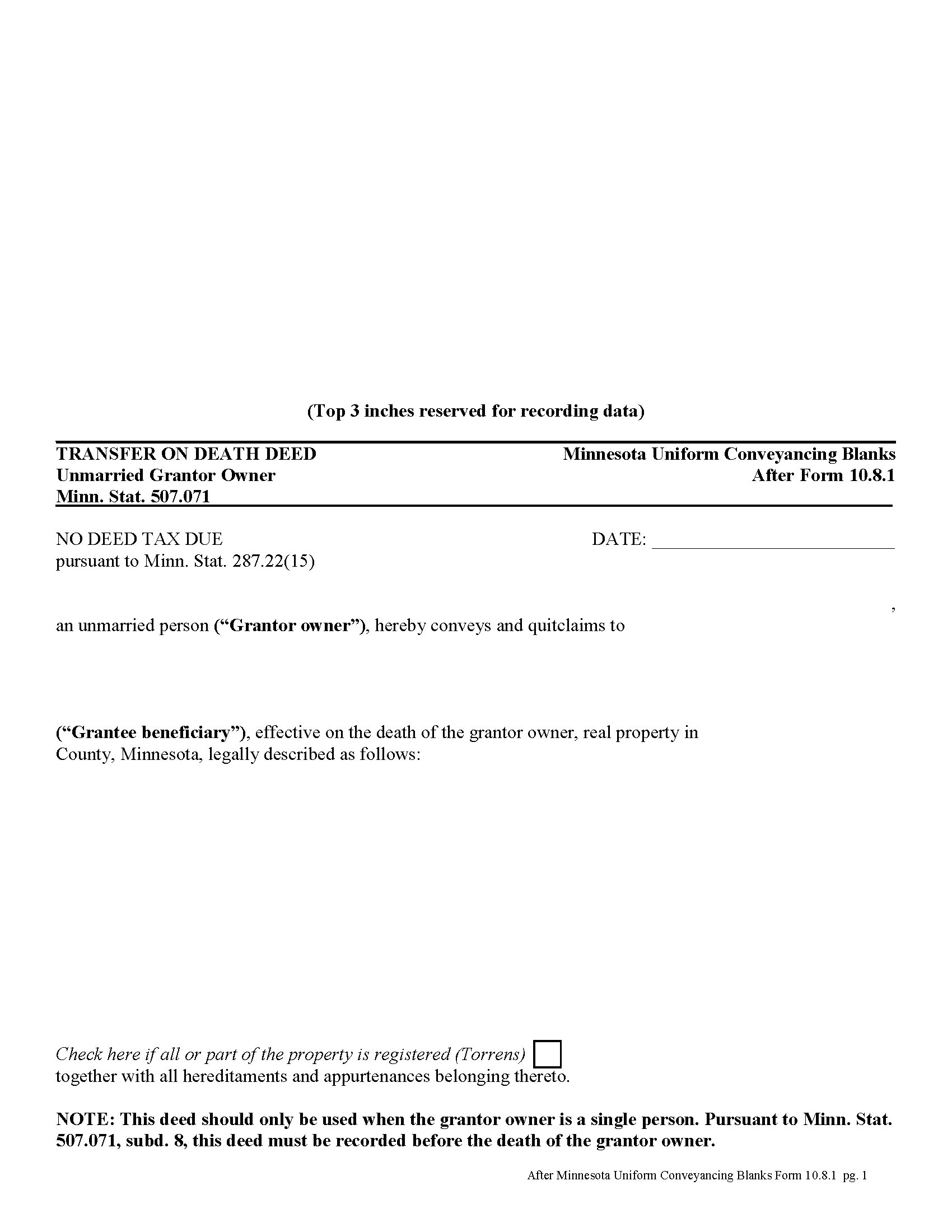 Minnesota Transfer on Death Deed by Unmarried Owner Image