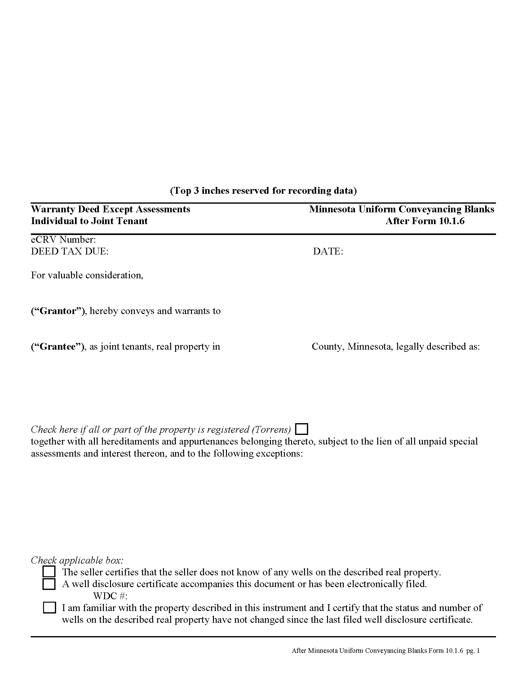 Minnesota Warranty Deed from Individual to Joint Tenants Excluding Assessments Image