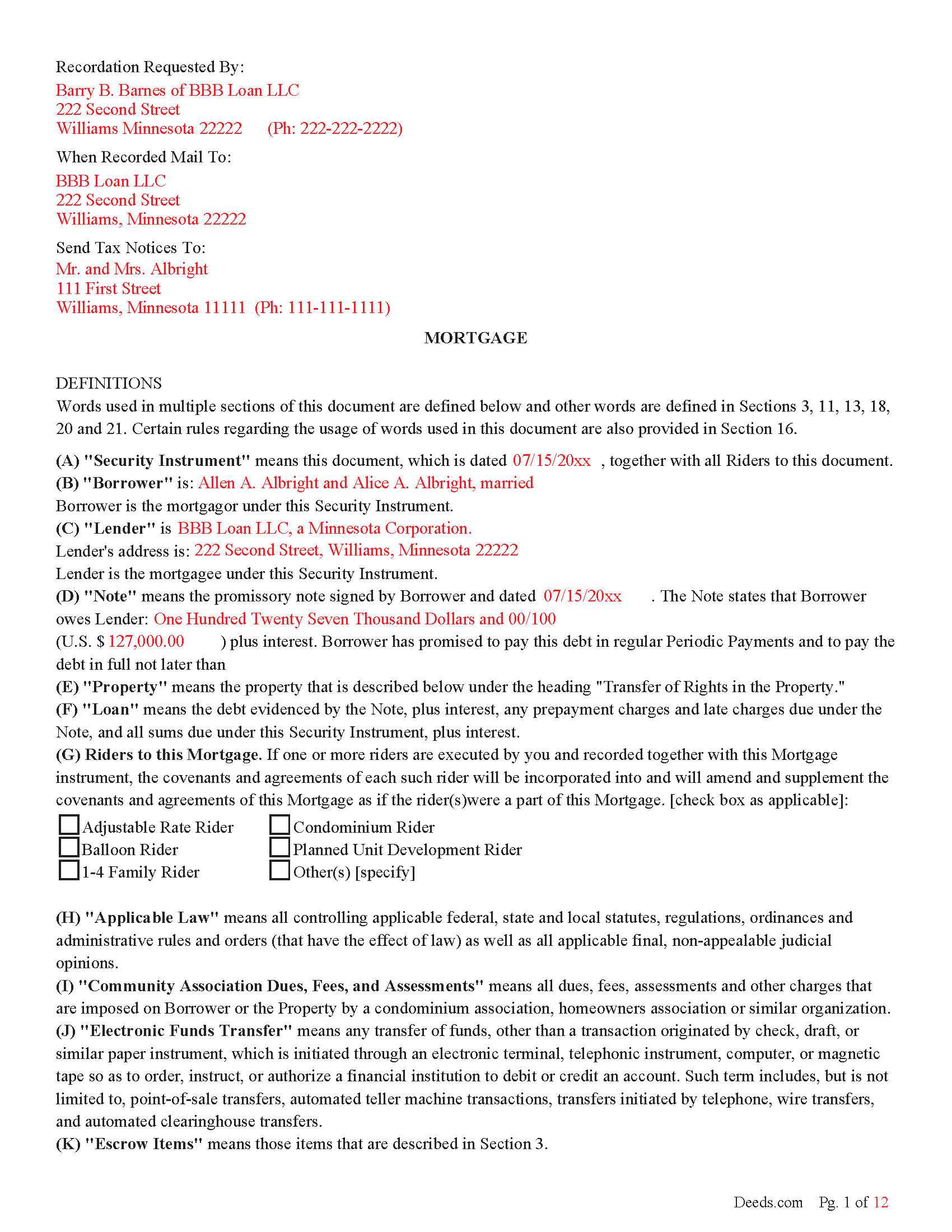 Chisago County Completed Example of the Mortgage Document