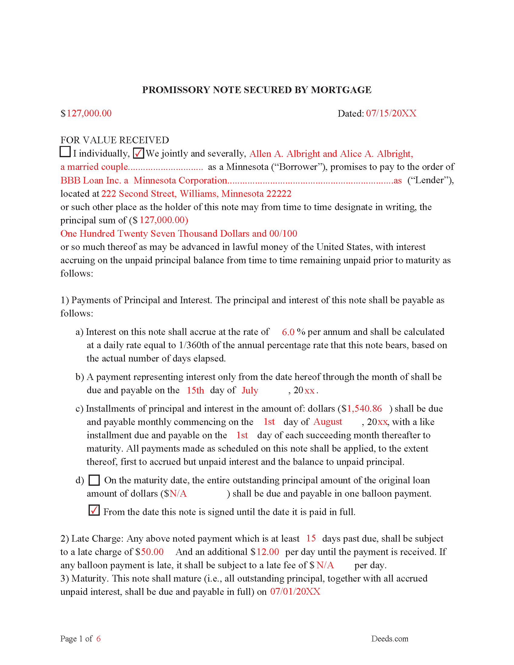 Chisago County Completed Example of the Promissory Note Document