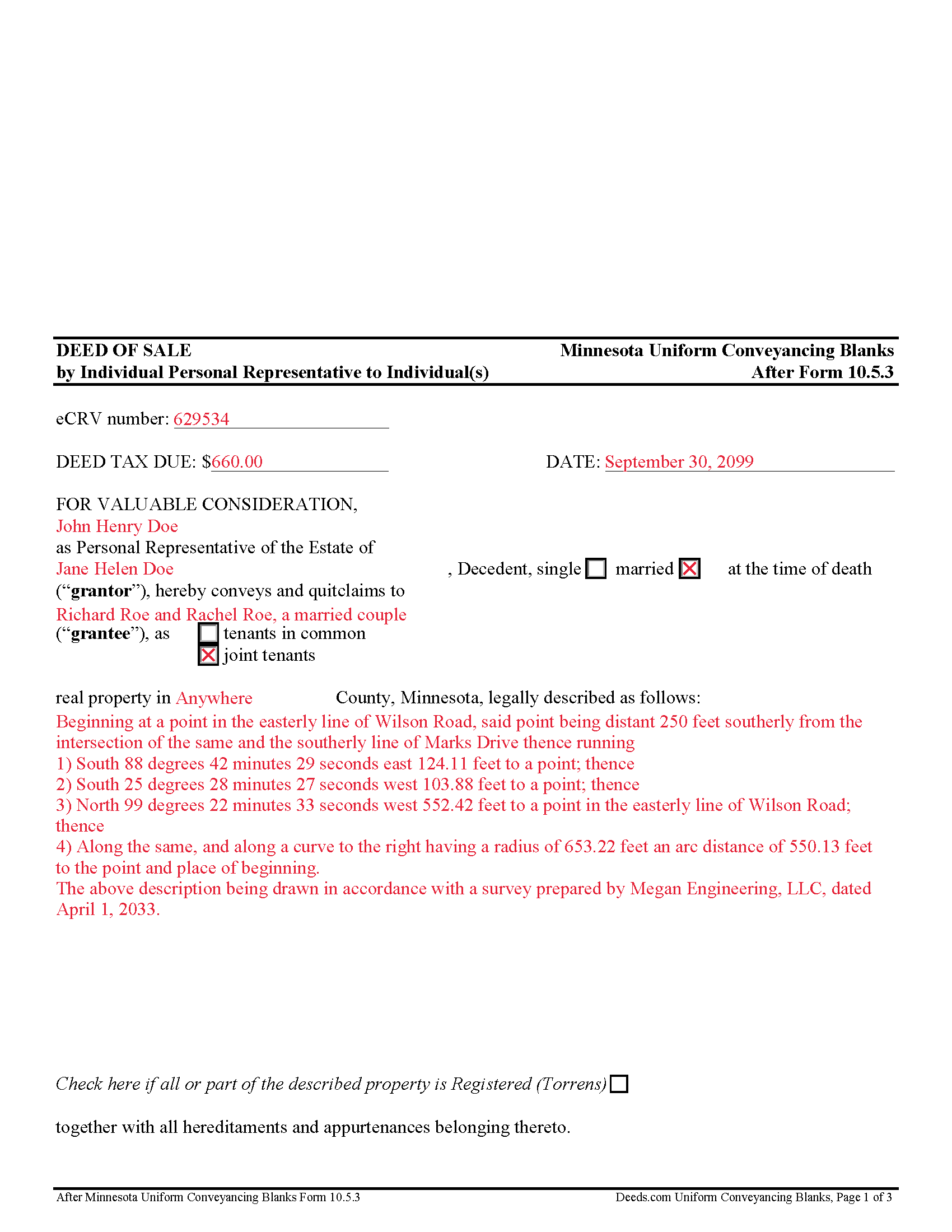 Grant County Completed Example of the Personal Representative Deed of Sale Document