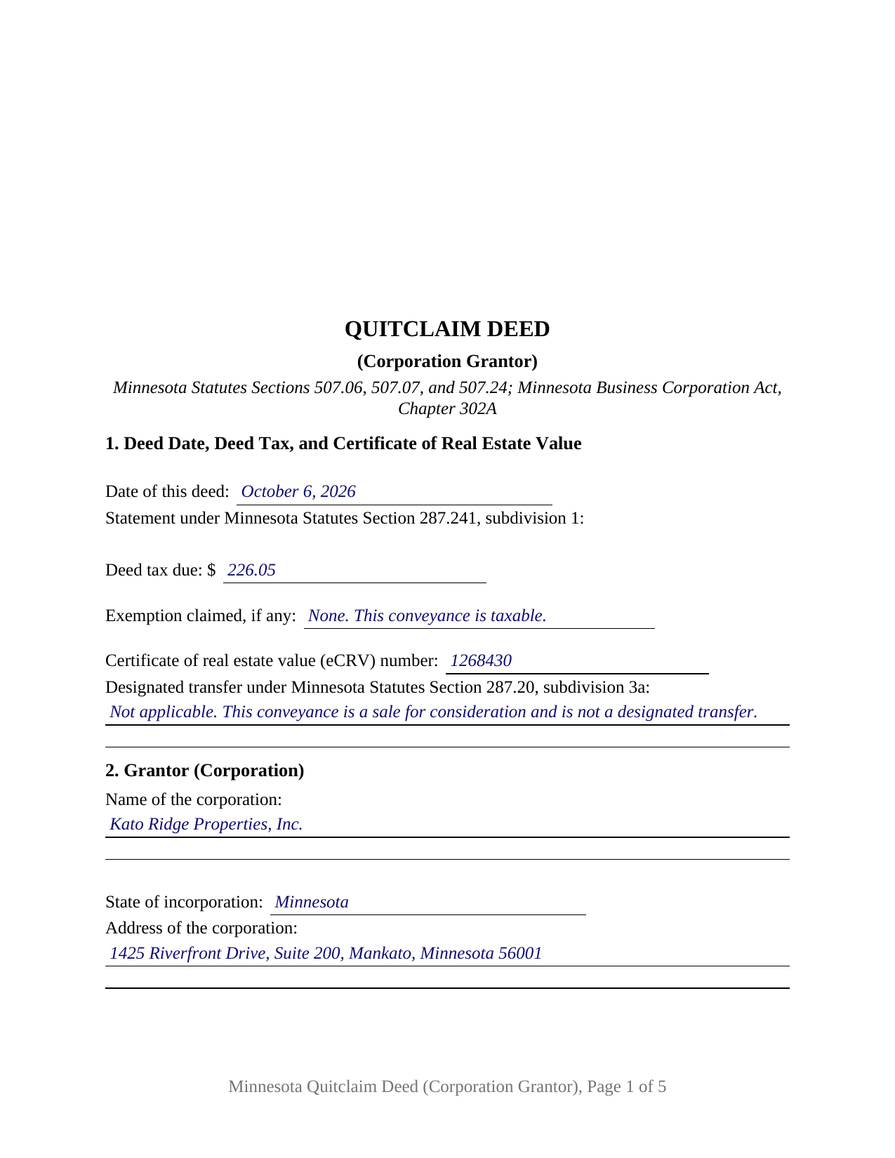 Murray County Completed Example of the Quitclaim Deed (Corporation Grantor) Document