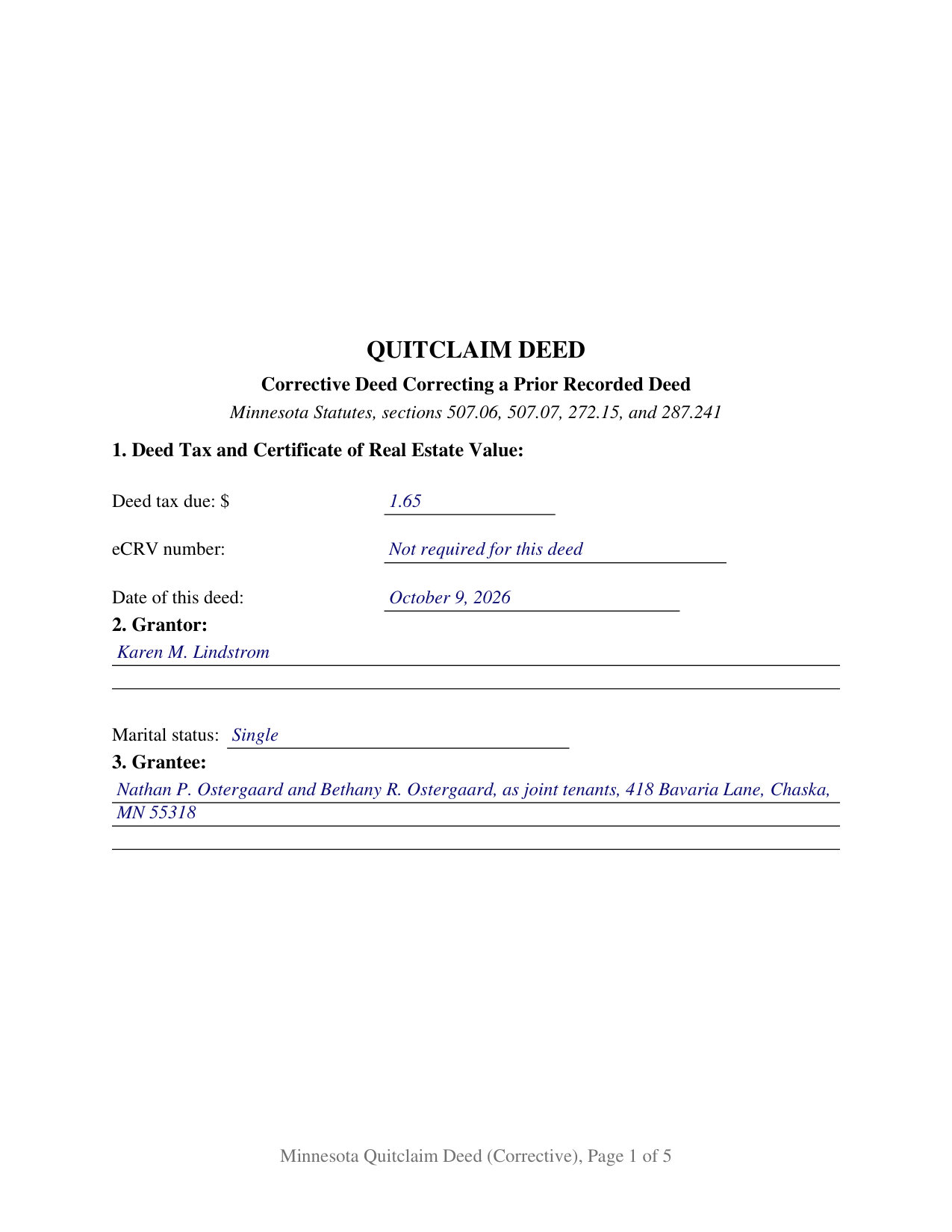Kandiyohi County Completed Example of the Quitclaim Deed (Corrective) Document
