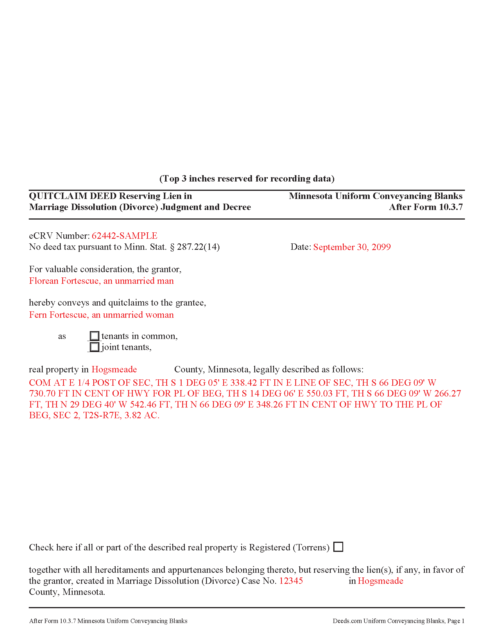 Completed Example of the Quitclaim Deed Divorce Document