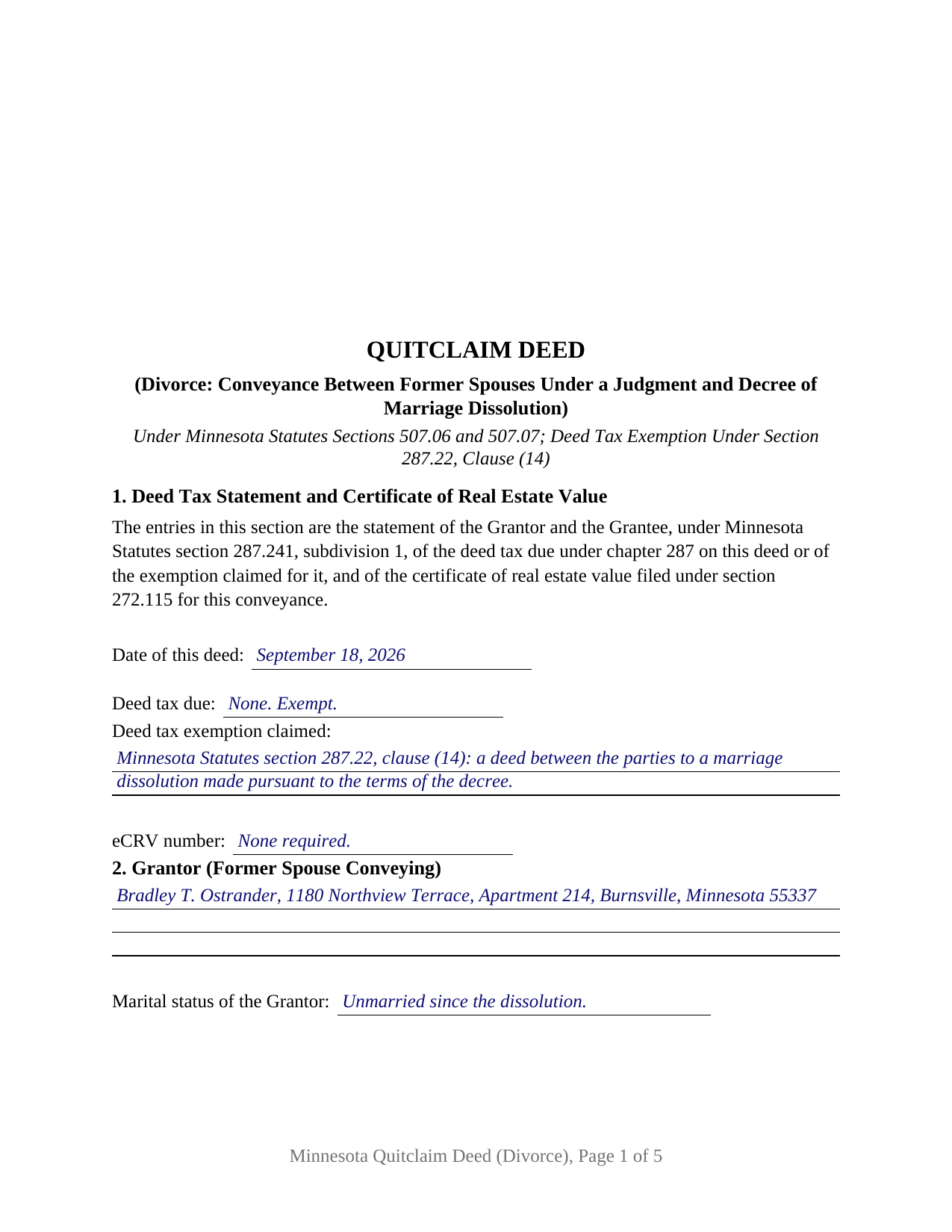 Mahnomen County Completed Example of the Quitclaim Deed Divorce Document