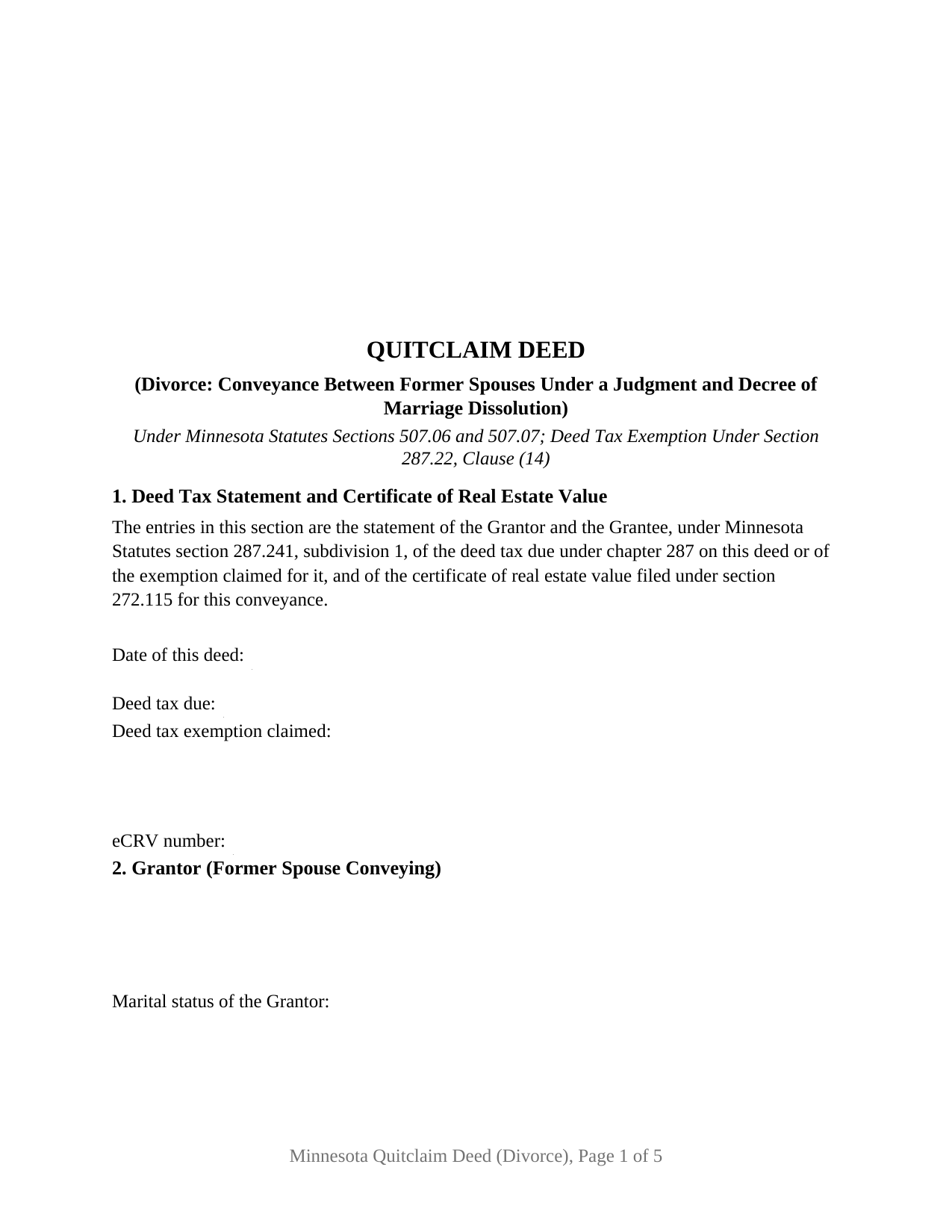 Mahnomen County Quitclaim Deed Divorce Form