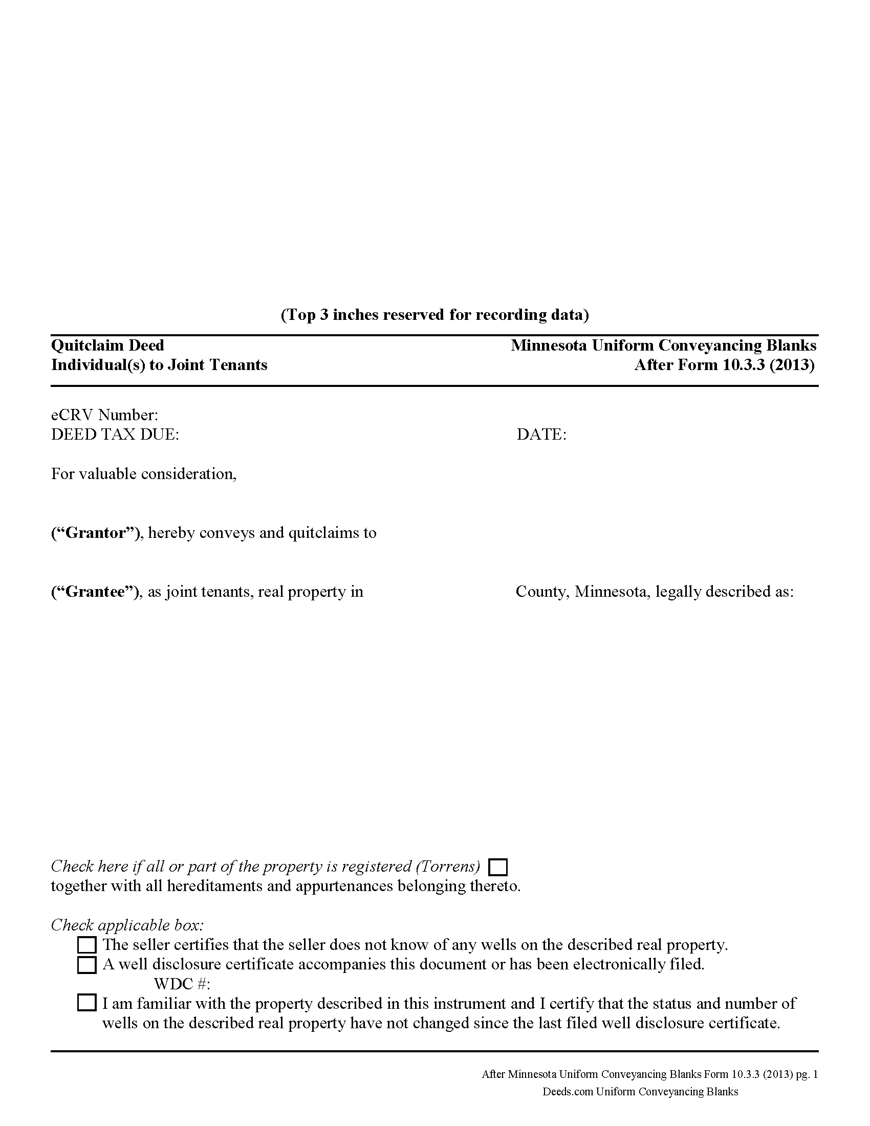 Grant County Quitclaim Deed from Individual to Joint Tenants Form