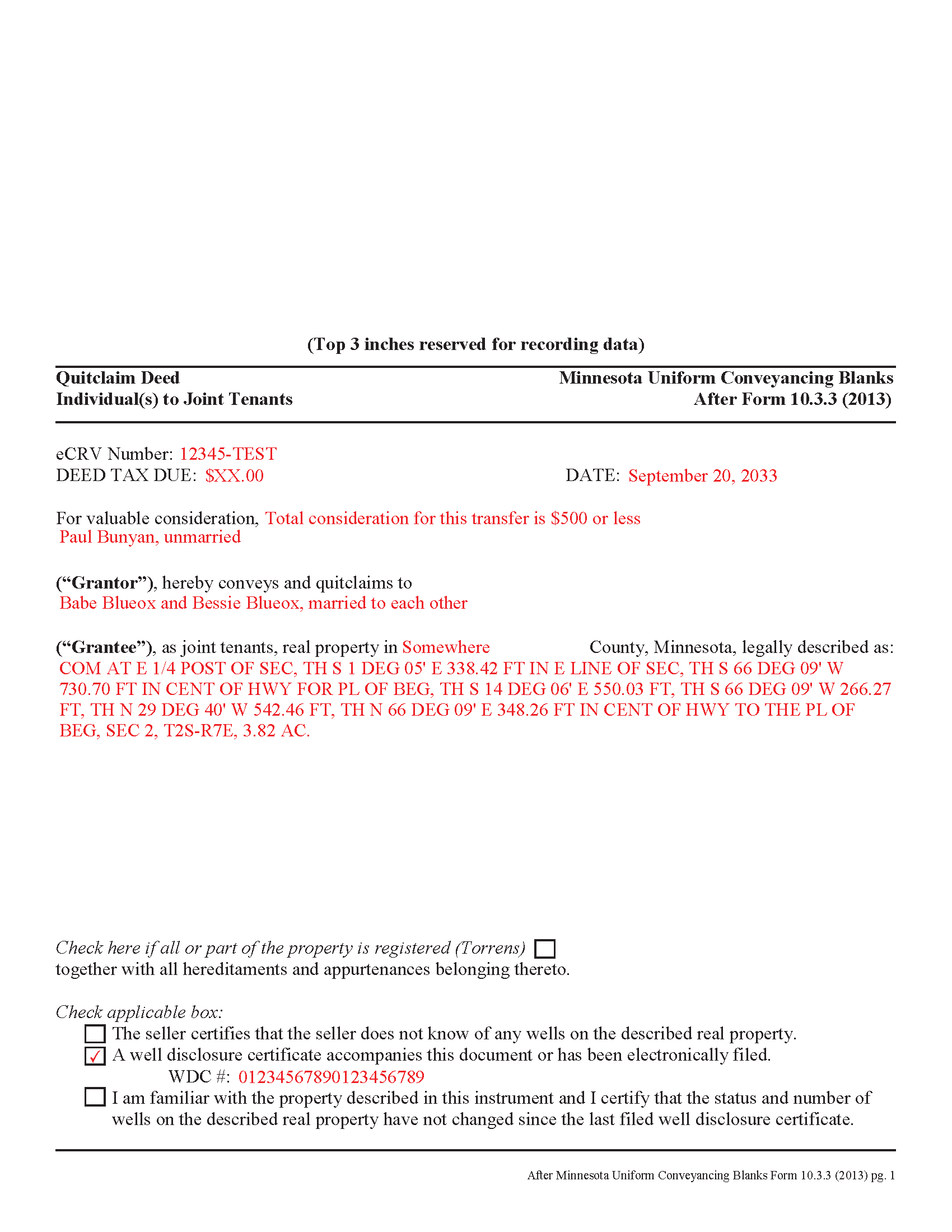 Completed Example of the Quitclaim Deed from Individual to Joint Tenants Document