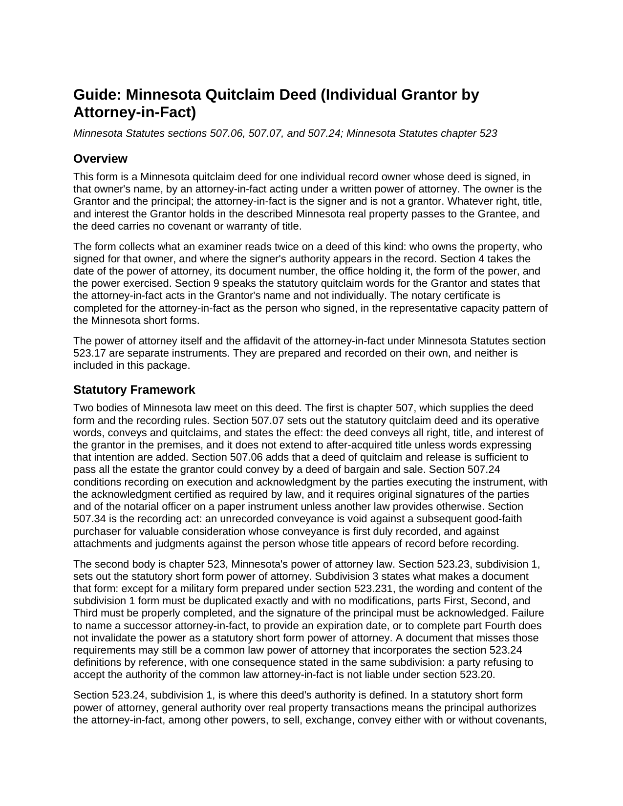 Kanabec County Quitclaim Deed (Individual Grantor by Attorney-in-Fact) Guide