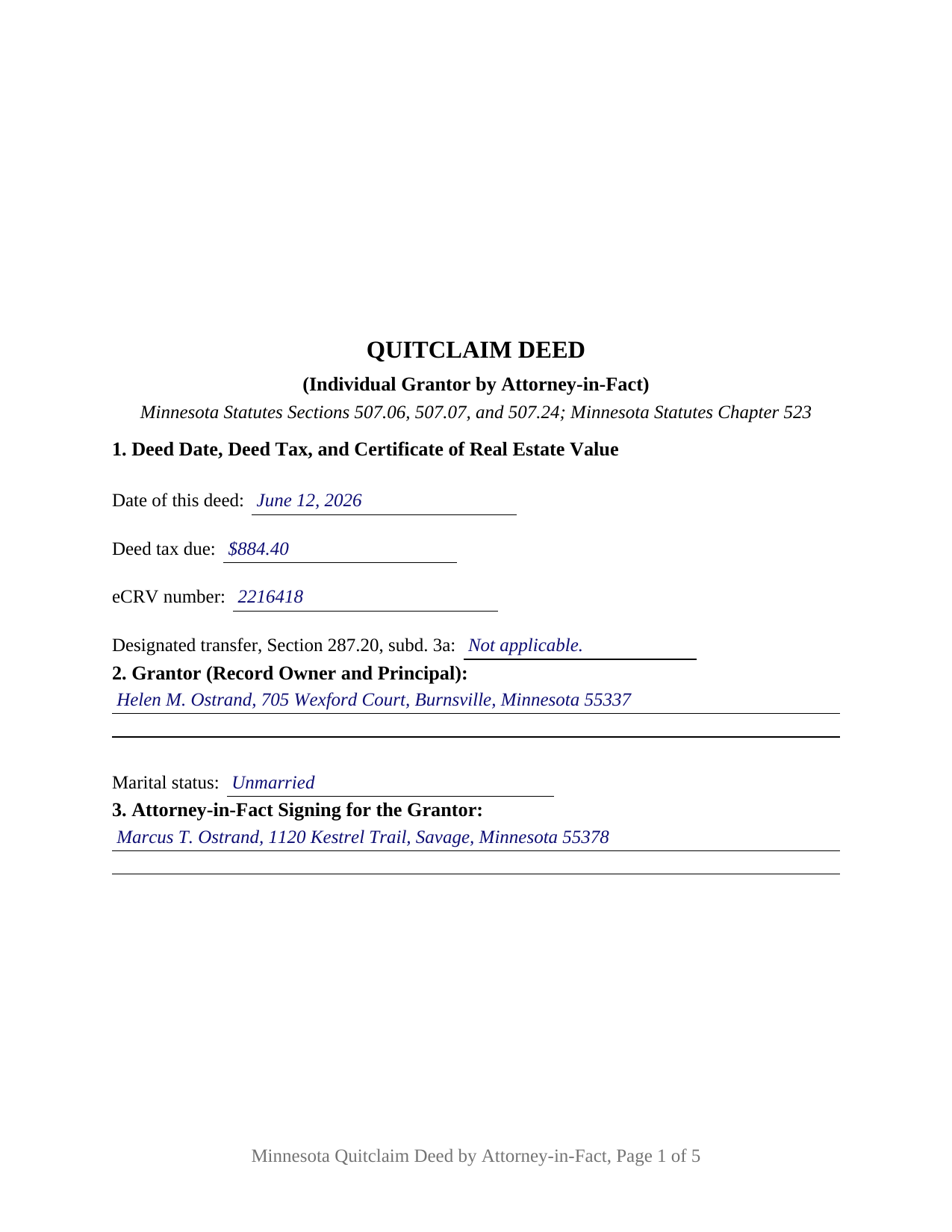 Kanabec County Completed Example of the Quitclaim Deed (Individual Grantor by Attorney-in-Fact) Document