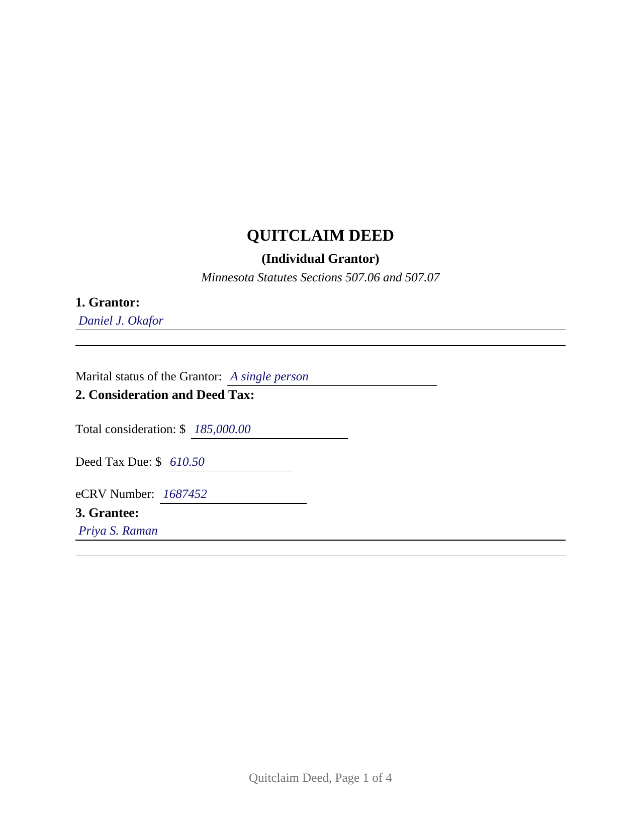 Carlton County Completed Example of the Quitclaim Deed (Individual Grantor) Document
