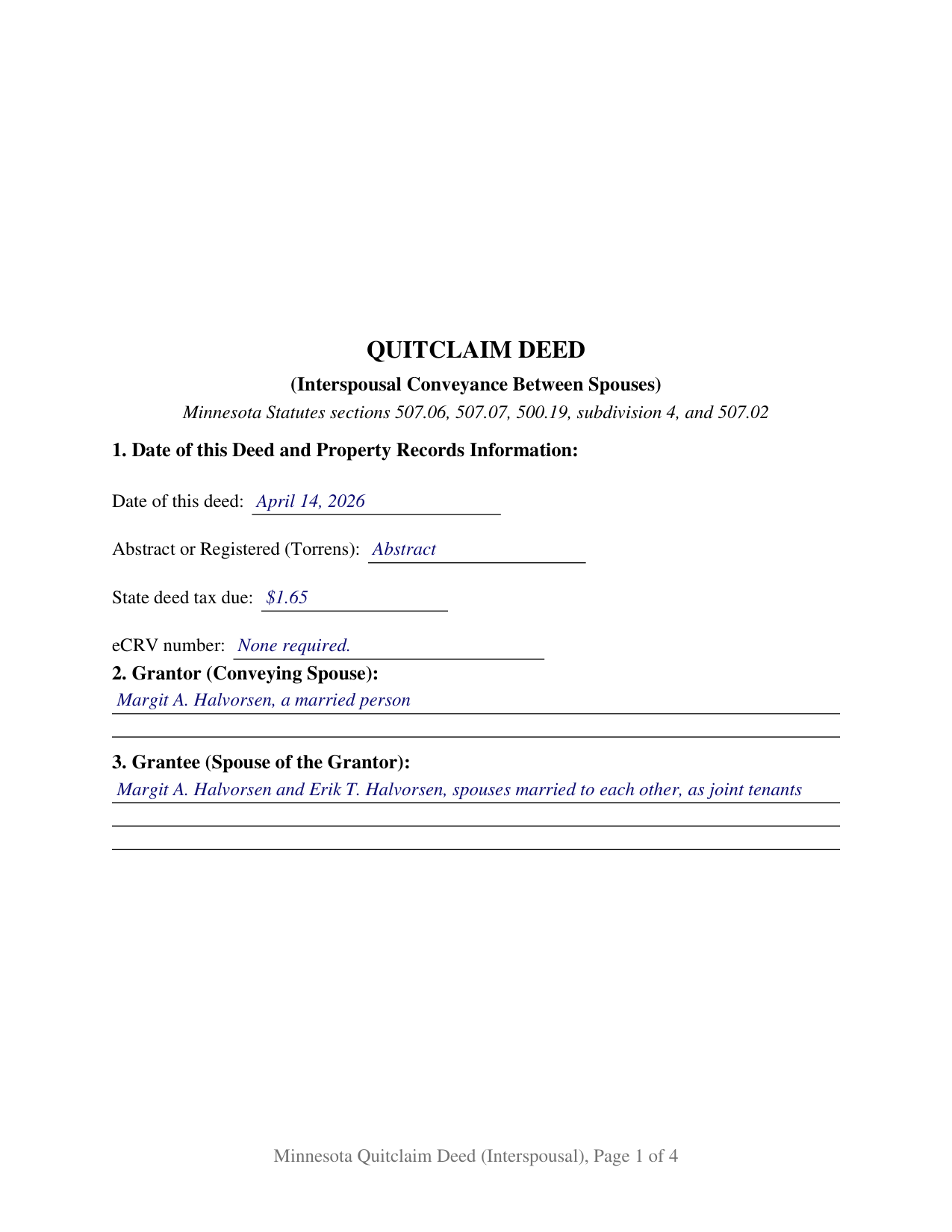 Douglas County Completed Example of the Quitclaim Deed (Interspousal) Document