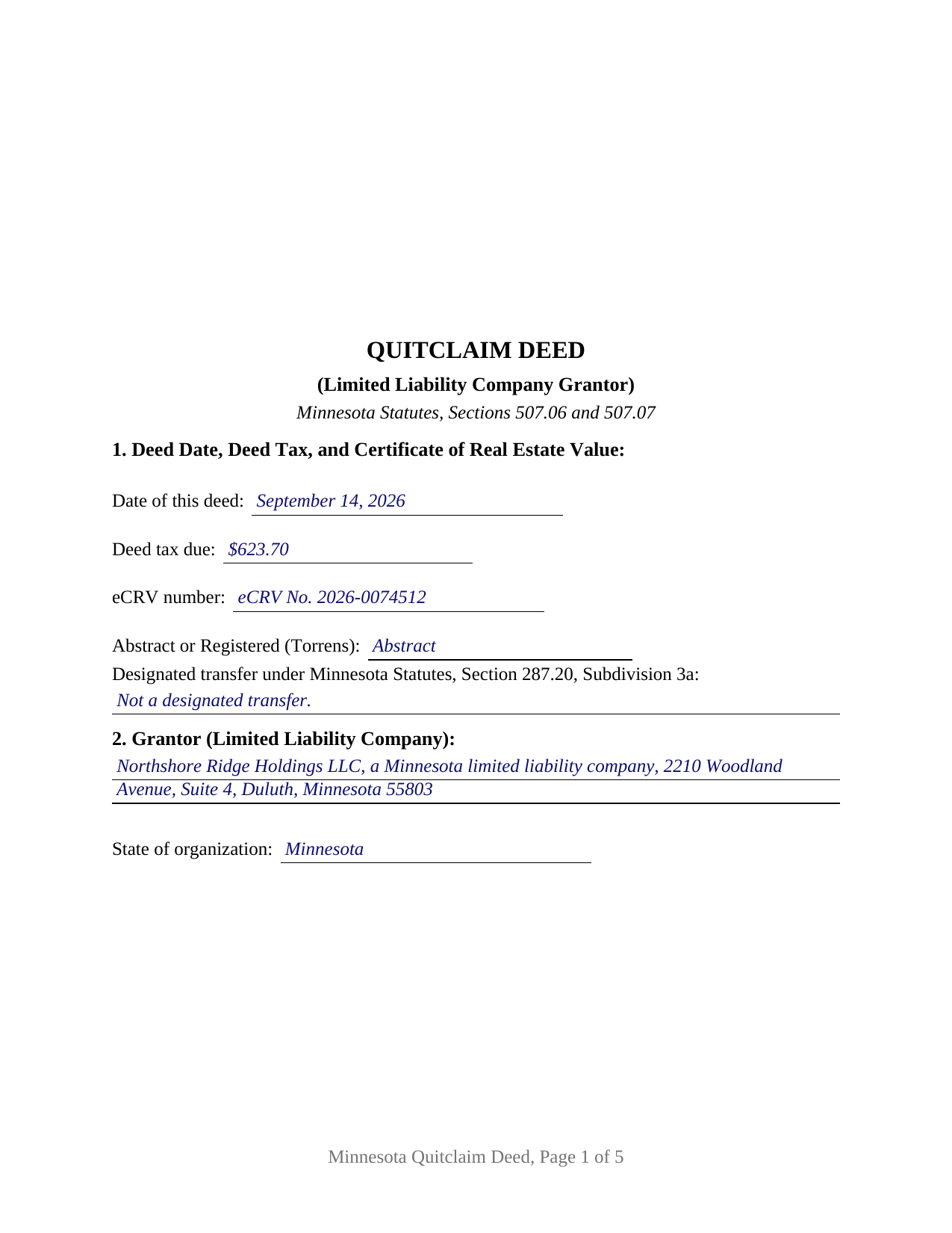 Kanabec County Completed Example of the Quitclaim Deed (LLC Grantor) Document