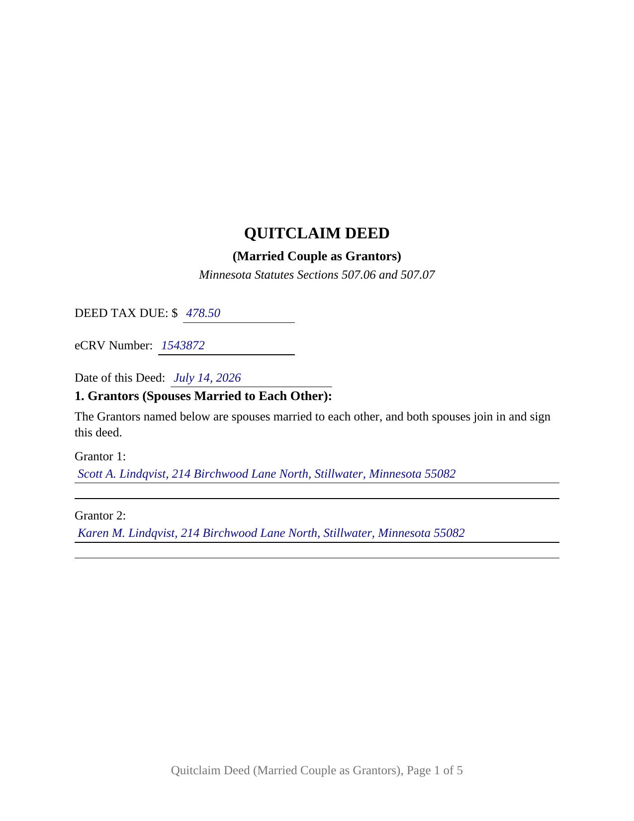Becker County Completed Example of the Quitclaim Deed (Married Couple as Grantors) Document