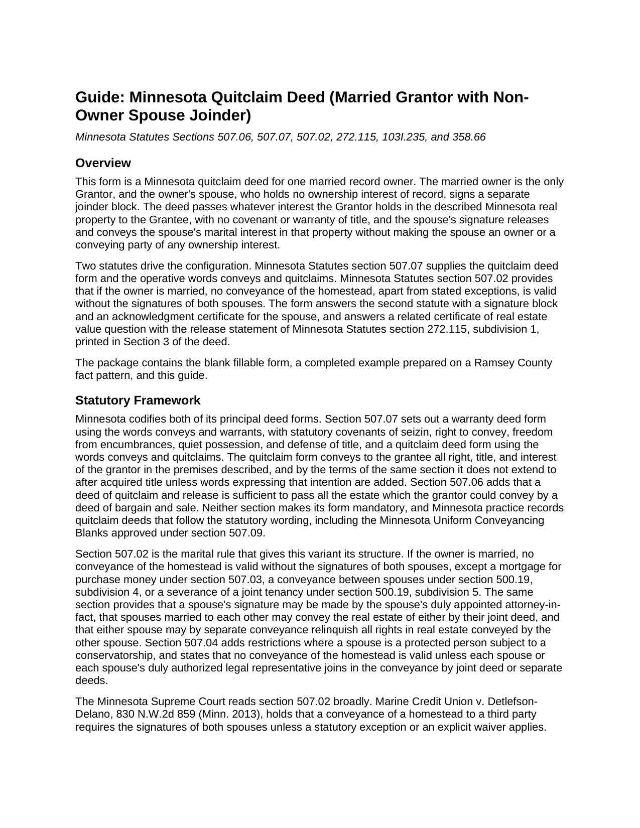 Lac Qui Parle County Quitclaim Deed (Married Grantor with Non-Owner Spouse Joinder) Guide
