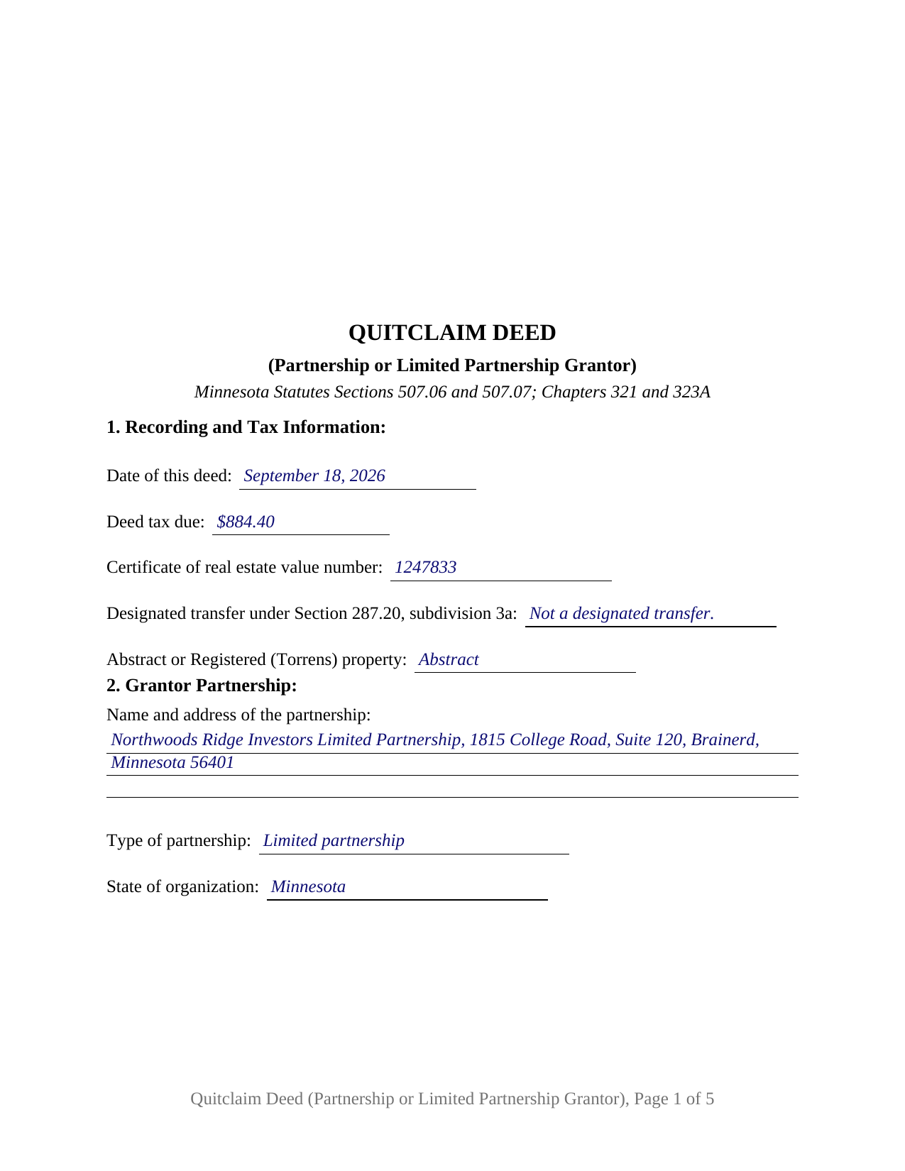 Itasca County Completed Example of the Quitclaim Deed (Partnership or Limited Partnership Grantor) Document