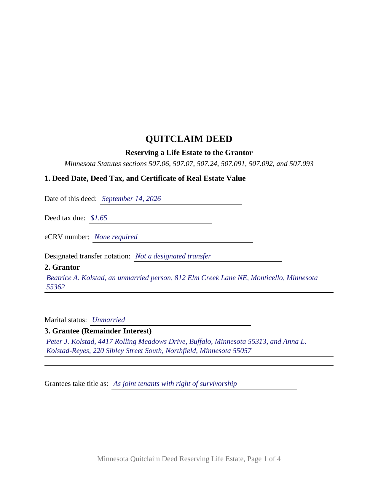 Saint Louis County Completed Example of the Quitclaim Deed (Reserving Life Estate) Document