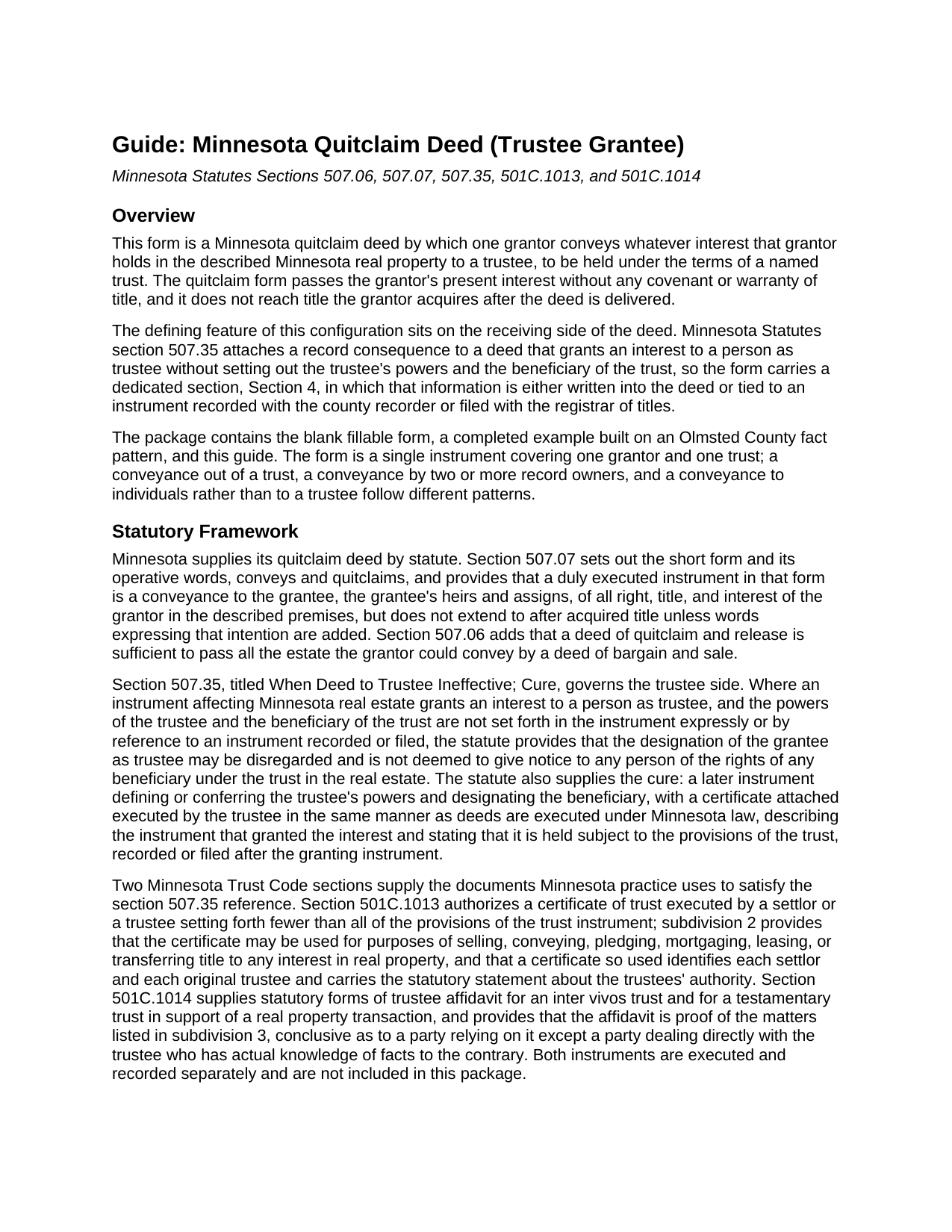 Wilkin County Quitclaim Deed (Trustee Grantee) Guide