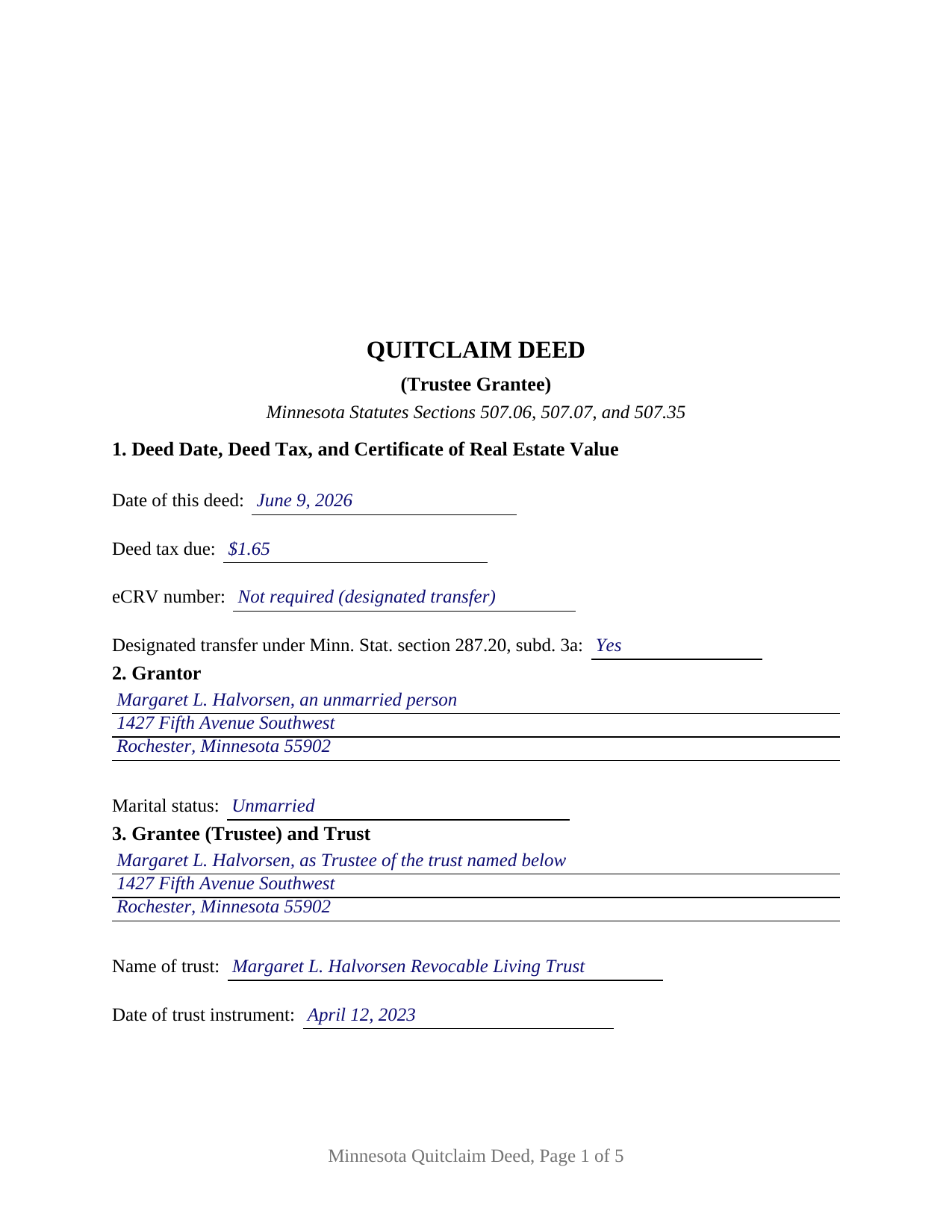 Wilkin County Completed Example of the Quitclaim Deed (Trustee Grantee) Document