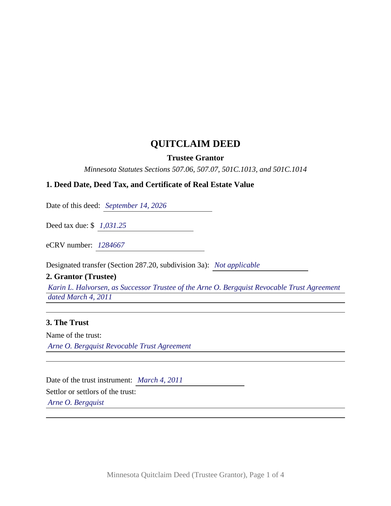 Red Lake County Completed Example of the Quitclaim Deed (Trustee Grantor) Document