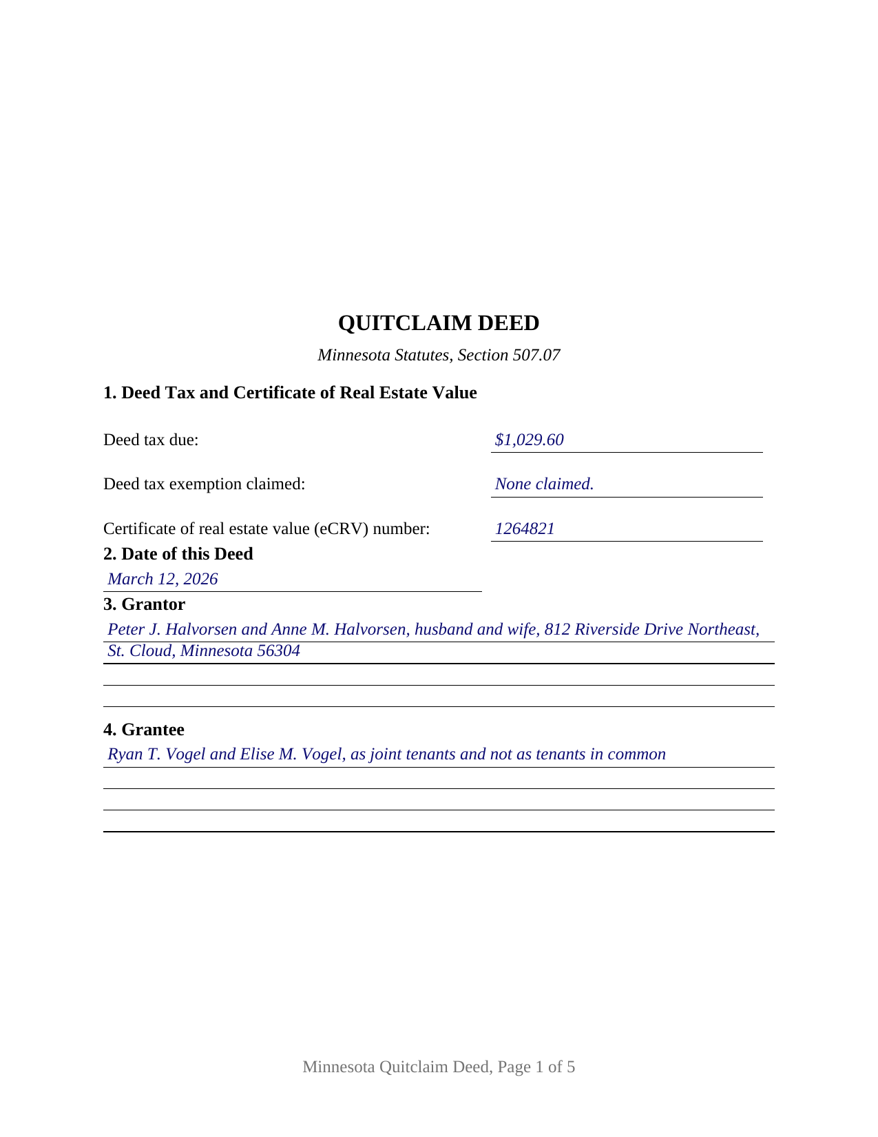Pope County Completed Example of the Quitclaim Deed Document