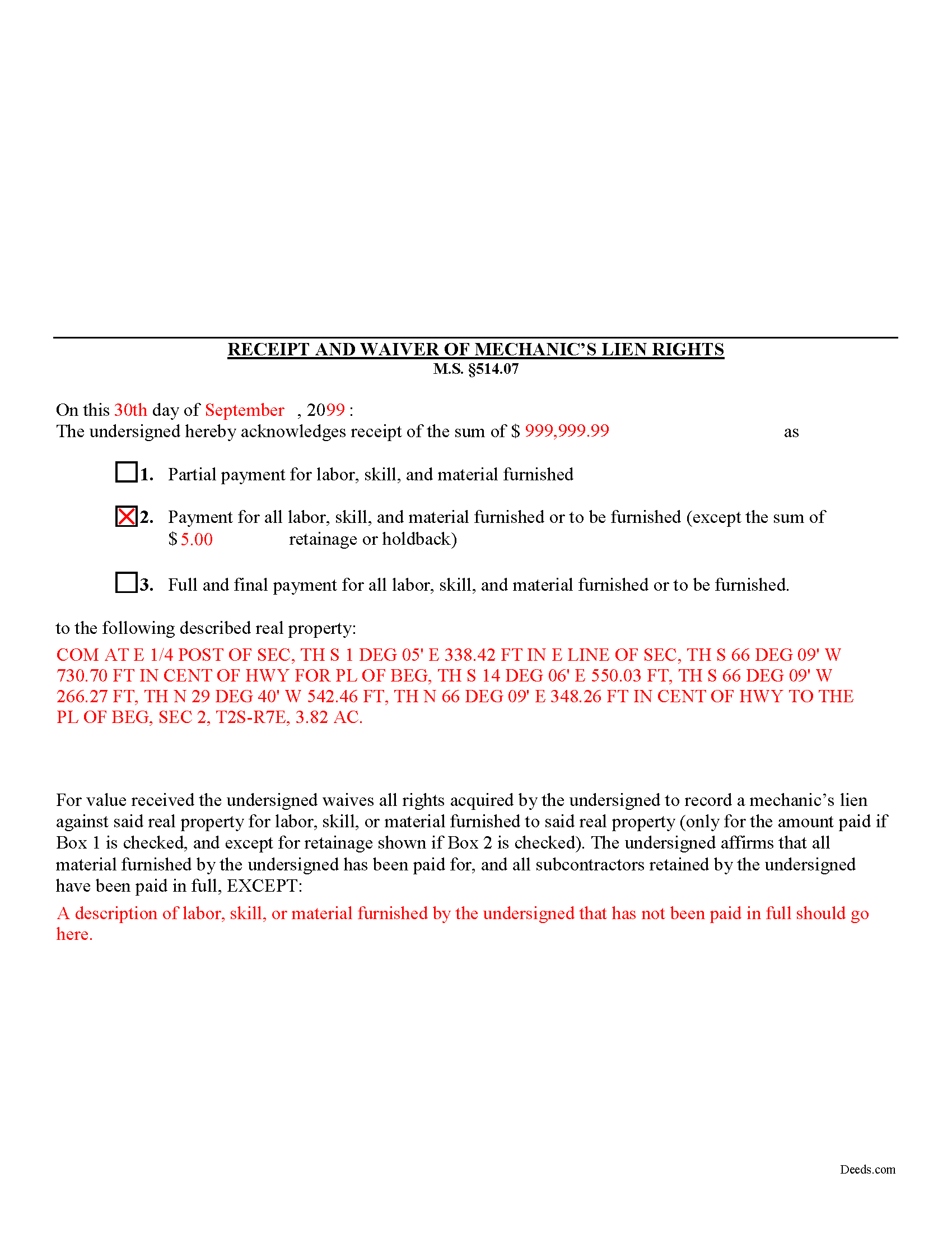 Completed Example of the Receipt and Waiver of Mechanic Lien Document