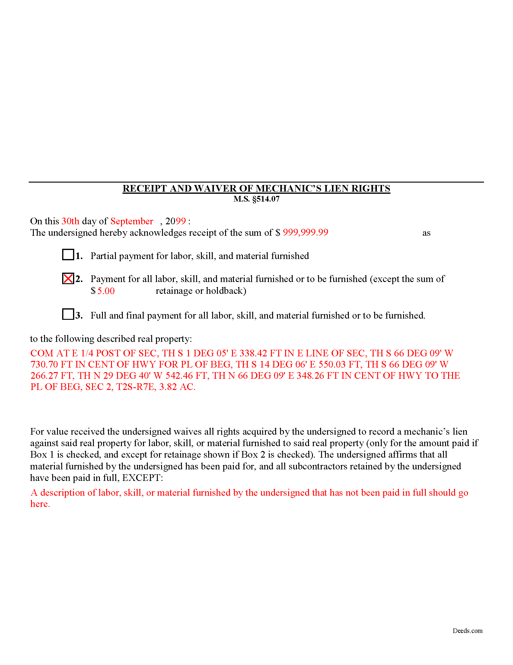 Grant County Completed Example of the Receipt and Waiver of Mechanic Lien Document