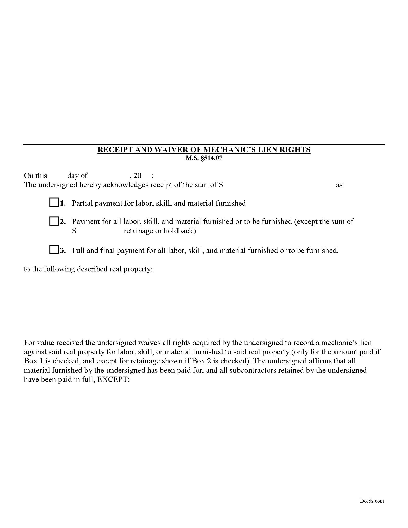 Grant County Receipt and Waiver of Mechanic Lien Form