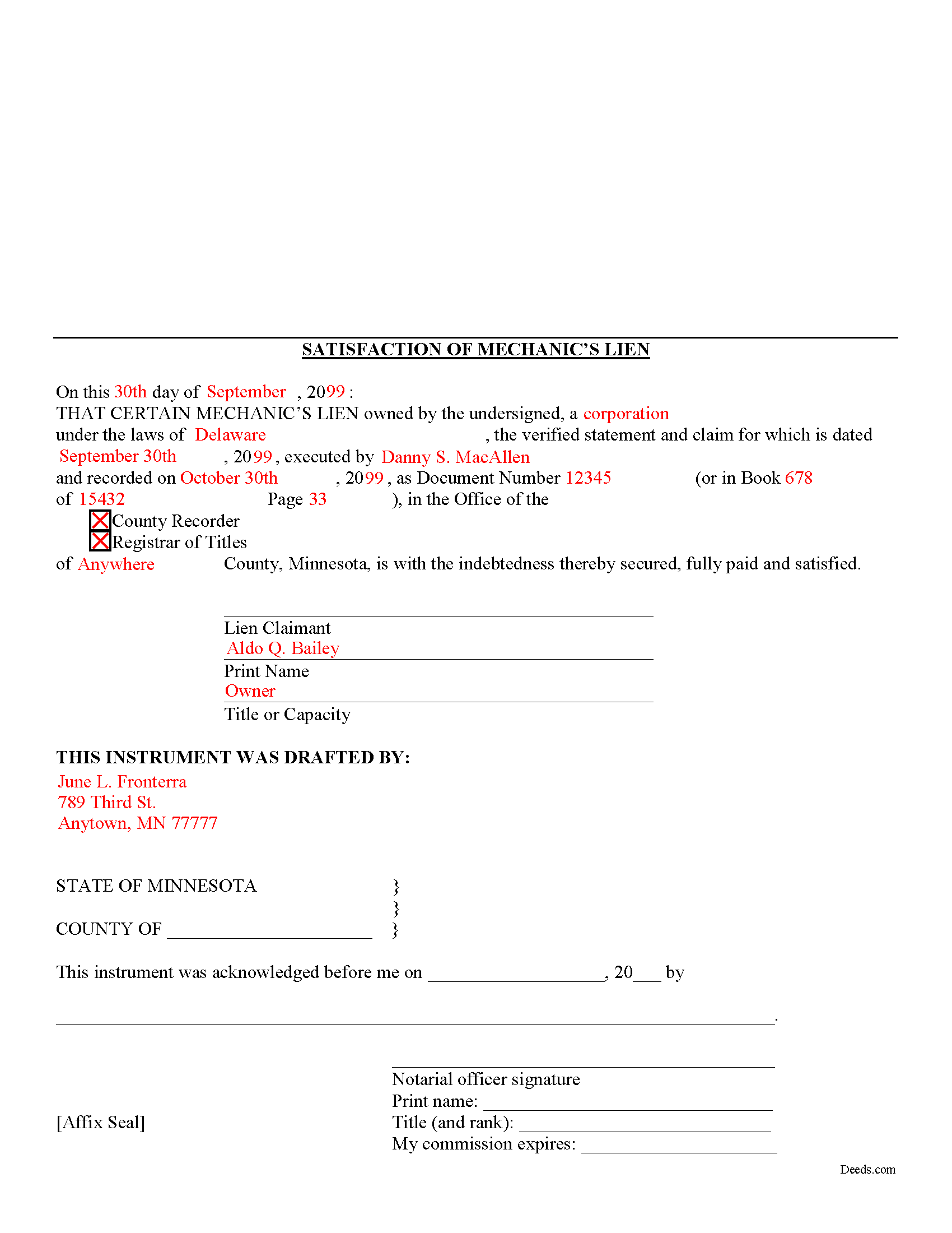 Completed Example of the Satisfaction of Mechanic Lien Document