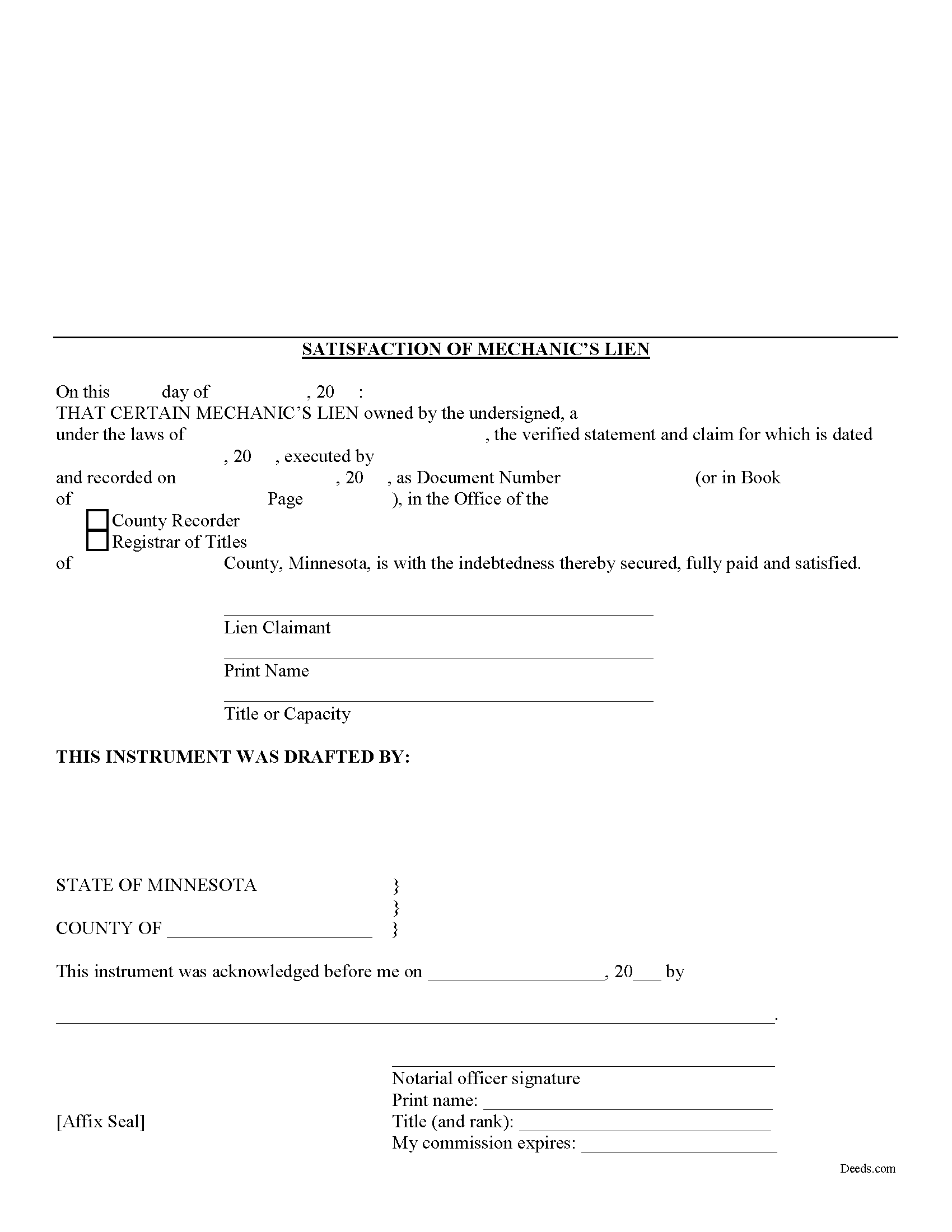 Martin County Satisfaction of Mechanic Lien Form