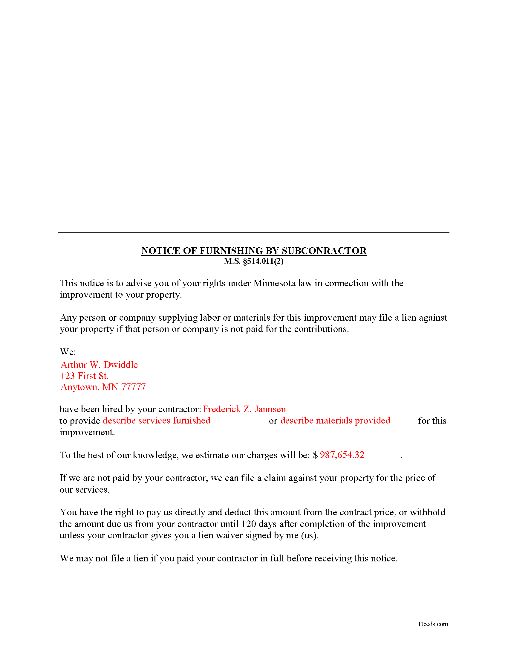 Completed Example of the Subcontractor Notice of Furnishing Document
